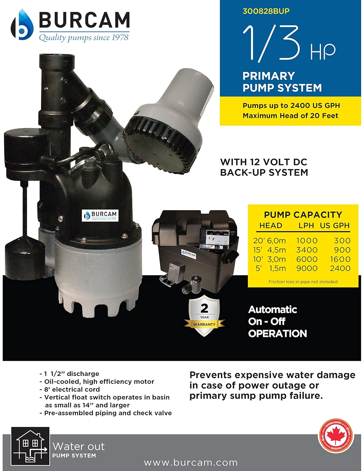 B BURCAM QUALITY PUMPS SINCE 1978 300828BUPZ 1/3HP Cast Iron Sump Pump With 12 Volts Battery Backup System
