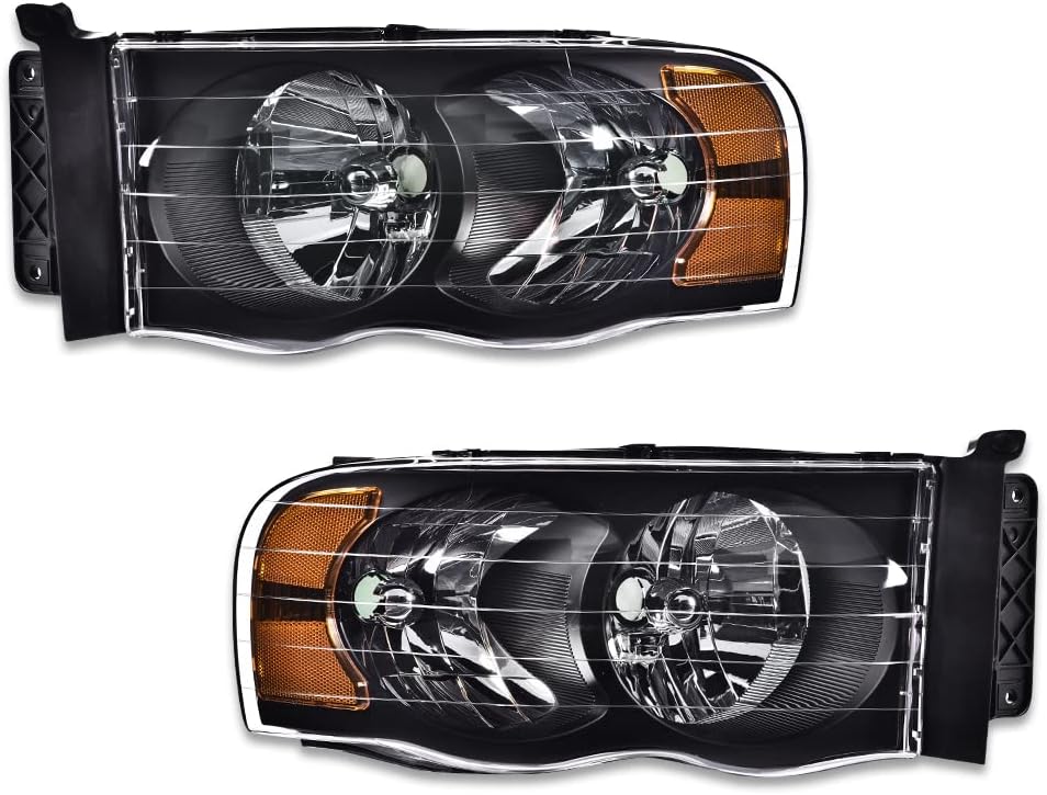 PIT66 Headlights, Compatible with 02-05 Dodge Ram 1500/03-05 Dodge Ram 2500 3500 Headlamp Assembly Accessories LH&RH Clear Lens Black Housing Amber Reflector
