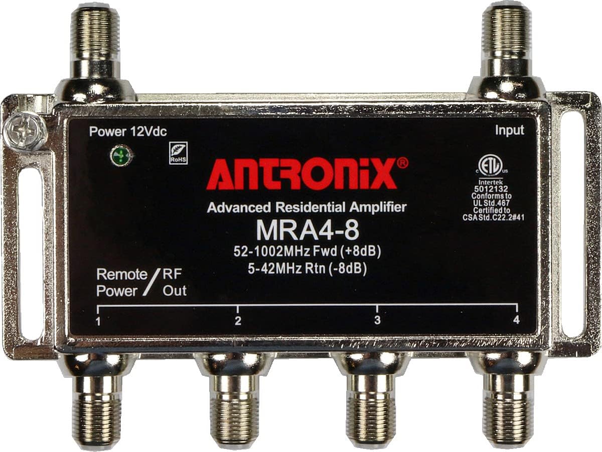4-Port Cable TV/Antenna/HDTV/Internet Digital Signal Amplifier/Booster/Splitter with Passive Return, Black Coax Power Cable, F59 Terminators (Antronix MRA4-8) Pack of 2