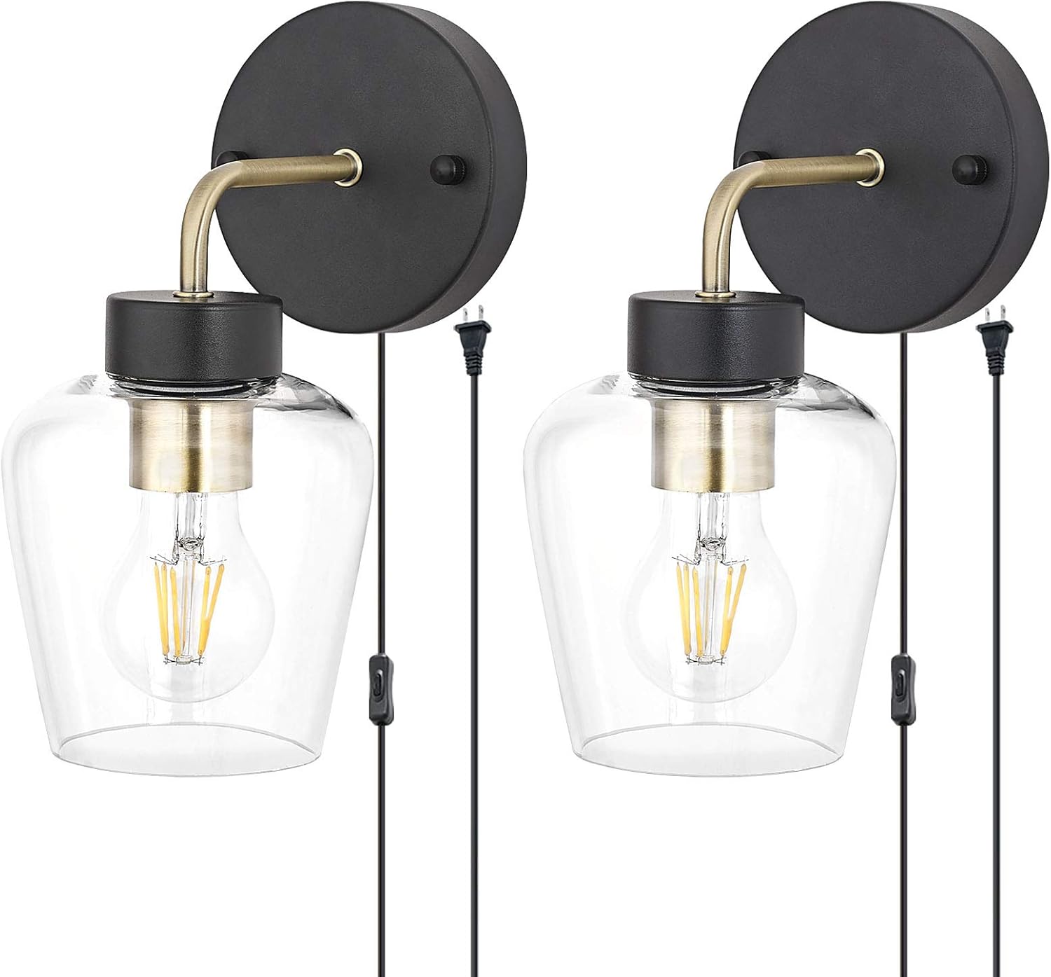 Plug in Wall Sconce Set of 2,Clear Glass Shade Matte Black Wall Lamps with ON/Off Cord,for Bedroom,Stair,Reading,Bedside,Living Room,Dining Room