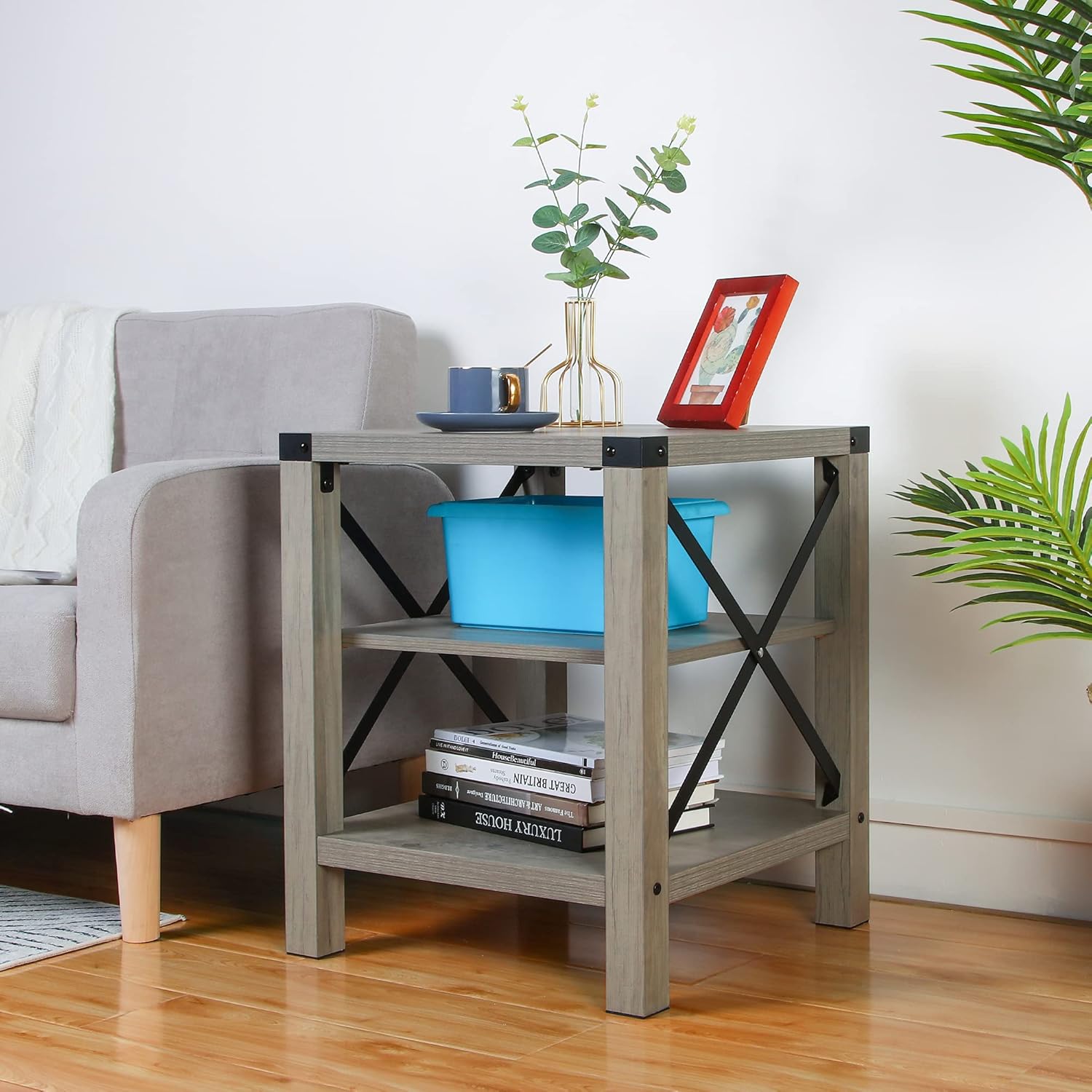 IDEALHOUSE Rustic End Table, Farmhouse Accent Cocktail Table Storage Shelf, Industrial Wood Look Tea Table, Sofa Center Table for Living Room, Side Table with X Metal Frame