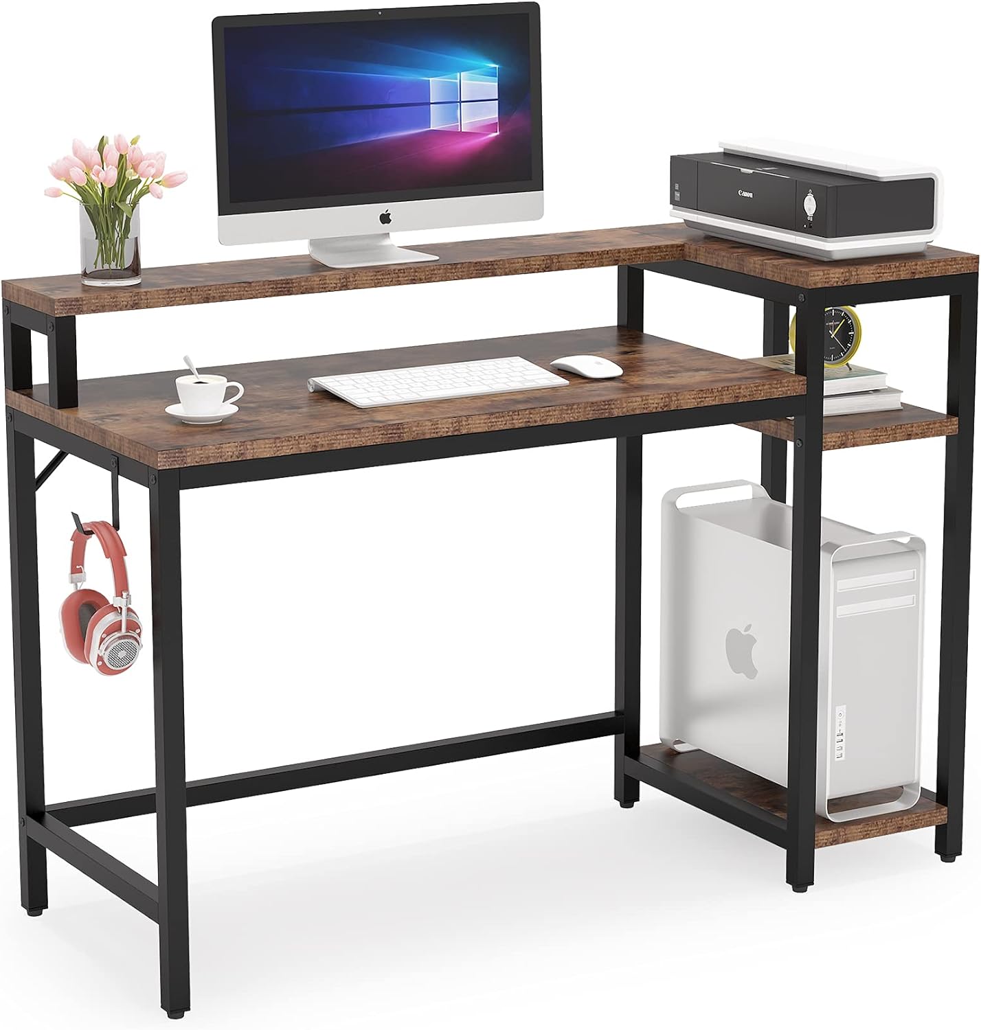 Tribesigns Computer Desk with Storage Shelves, 51” Home Office Desk with Monitor Stand and Printer Stand, Study Writing Table Workstation with Hanging Hook for Small Space, Black