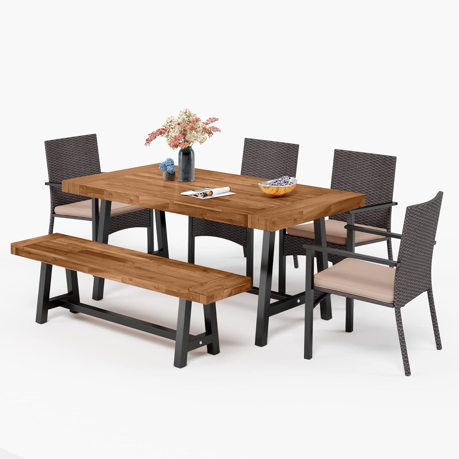 MFSTUDIO 6 Pieces Patio Dining Set with 4 Rattan Wicker Chairs,1 Acacia Wood Table and Bench,Outdoor Furniture Set with Removable Cushions for Patio,Garden,Lawn