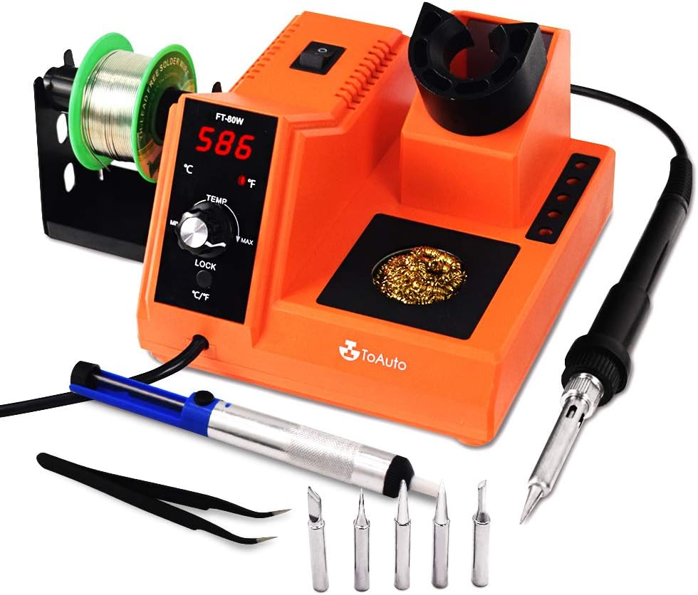 TOAUTO Soldering Station,80W Digital Solder Iron Station Kit with 176&deg;F-896&deg;F Temperature, C/F Func, Auto Standby & Sleep, Temperature Lock,5 Extra Solder Tips, Solder Bracket, Solder Sucker (Orange)