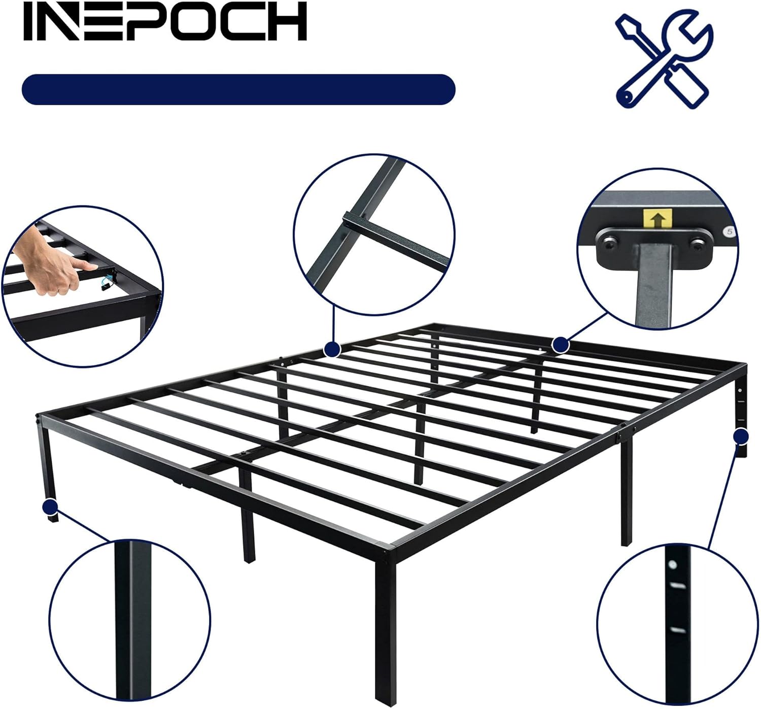 InEpoch 14 Inch Modern Metal Platform Queen Bed Frame with Easy Assembly,Noise Free/Anti-Slip/Underbed Storage/No Box Spring Need/Heavy Duty Steel Slat Strong Support,Black