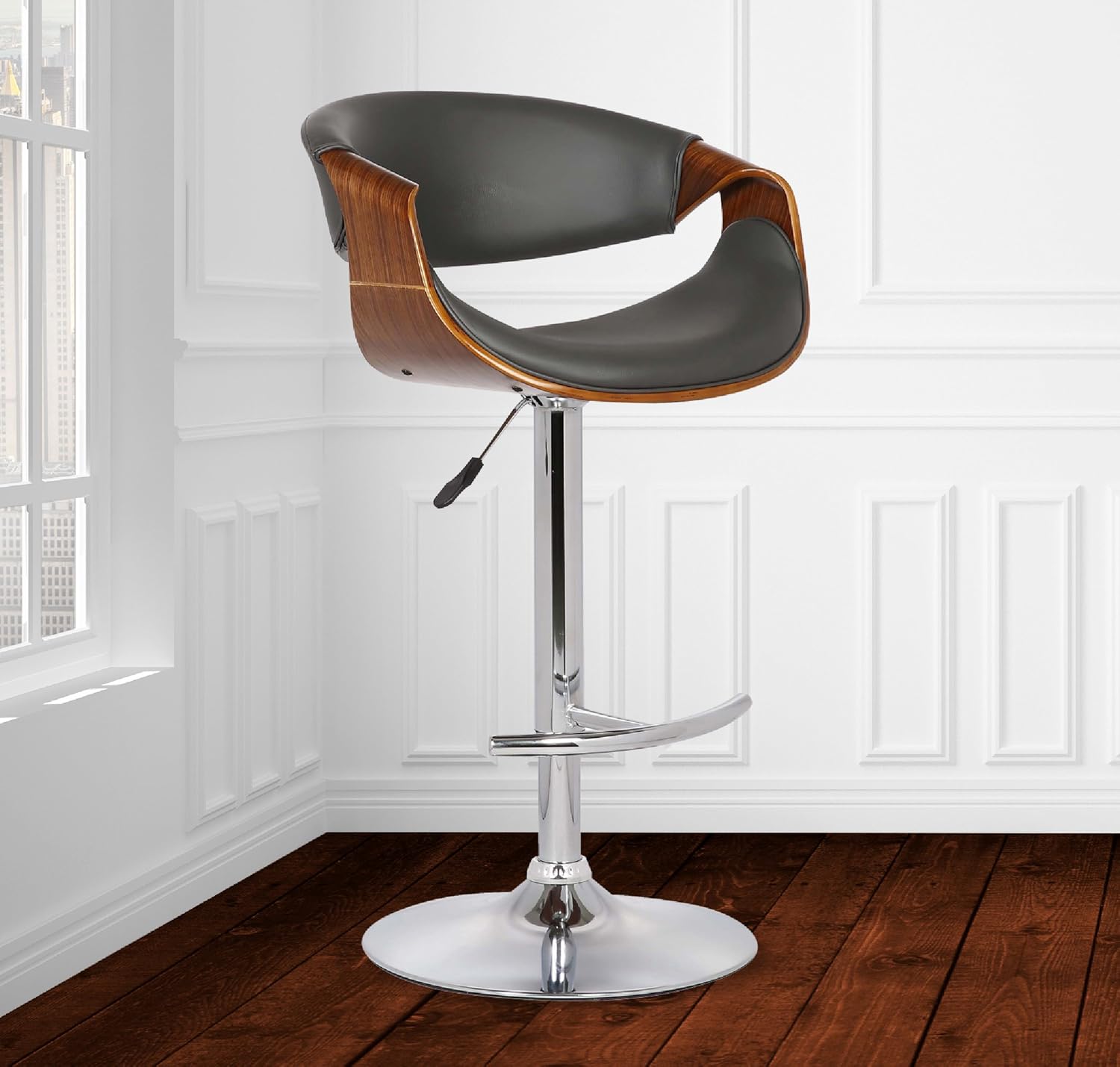 Armen Living Butterfly Swivel Adjustable Barstool in Black Faux Leather and Walnut Wood Finish
