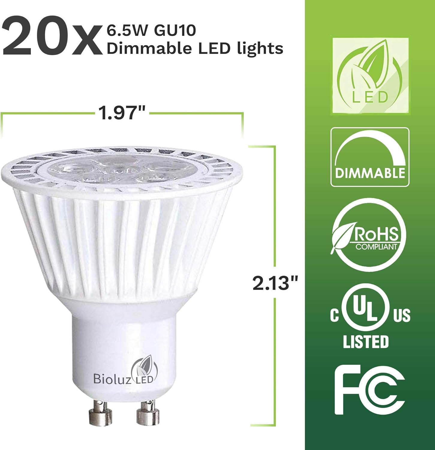 20 Pack Bioluz LED GU10 LED Bulbs 50W Halogen Replacement Dimmable 6.5w 3000K 120v UL Listed (Pack of 20) Pack of 2