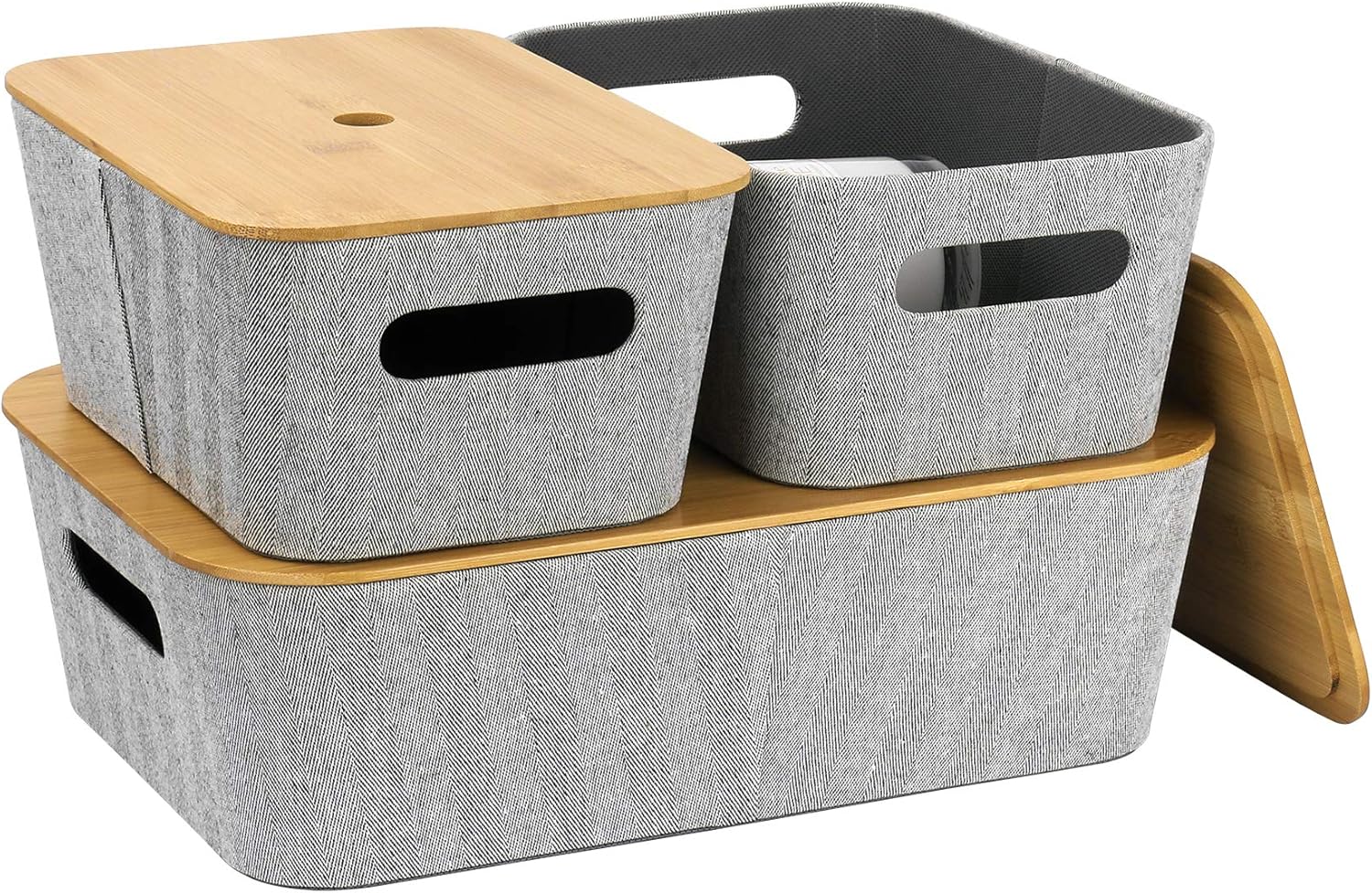 LA JOLIE MUSE Mid-Century Modern Beige Tweed Fabric Storage Basket Set of 3 for Cube Shelf Closet Bookcase Drawer Cabinet, Multipurpose Organizer Bin with Bamboo Lid Pack of 2