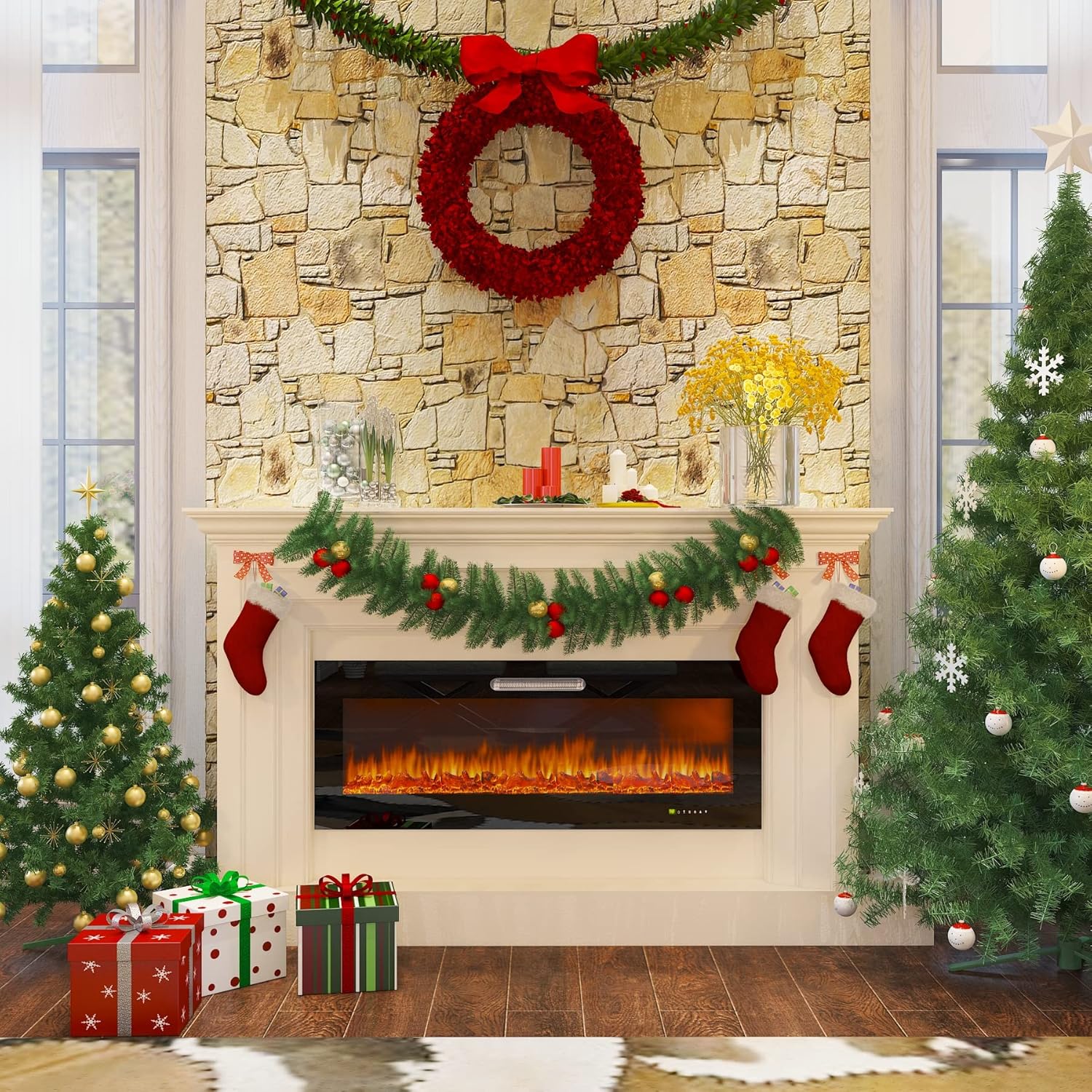 JINLLY 50 Inch Electric Fireplace, Recessed Wall Mounted Electric Fireplace with Touch Screen , Remote Control, Adjustable Flame Colors Brightness, Timer, 750/1500 W, Log and Crystal Options