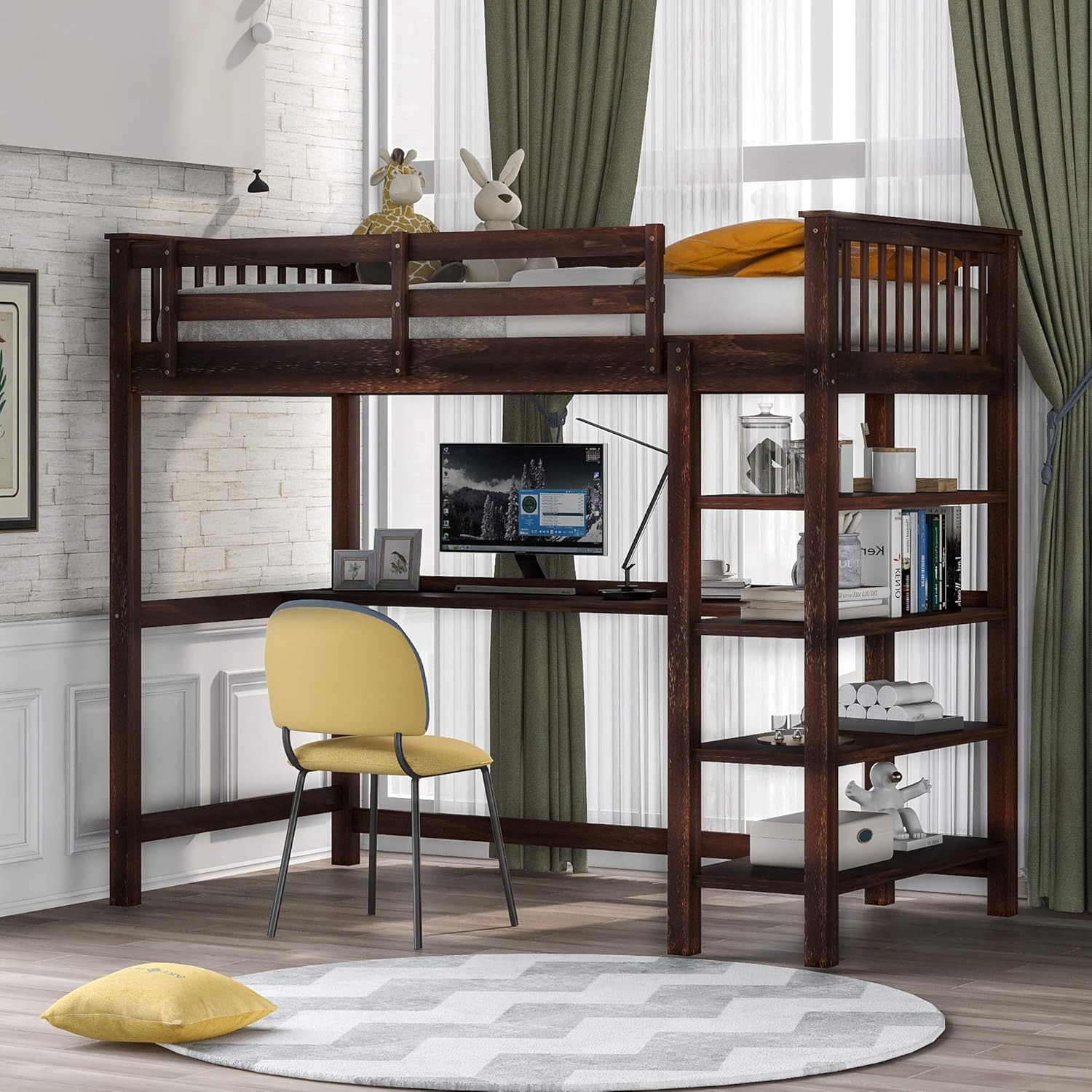 Twin Loft Bed with Desk,Virabit Loft Bed with Storage Shelf,Solid Wood Frame Twin Size Loft Bed with Stairs,Adult loft Bed Kids Loft Bed with Full-Length Guardrail(Black)