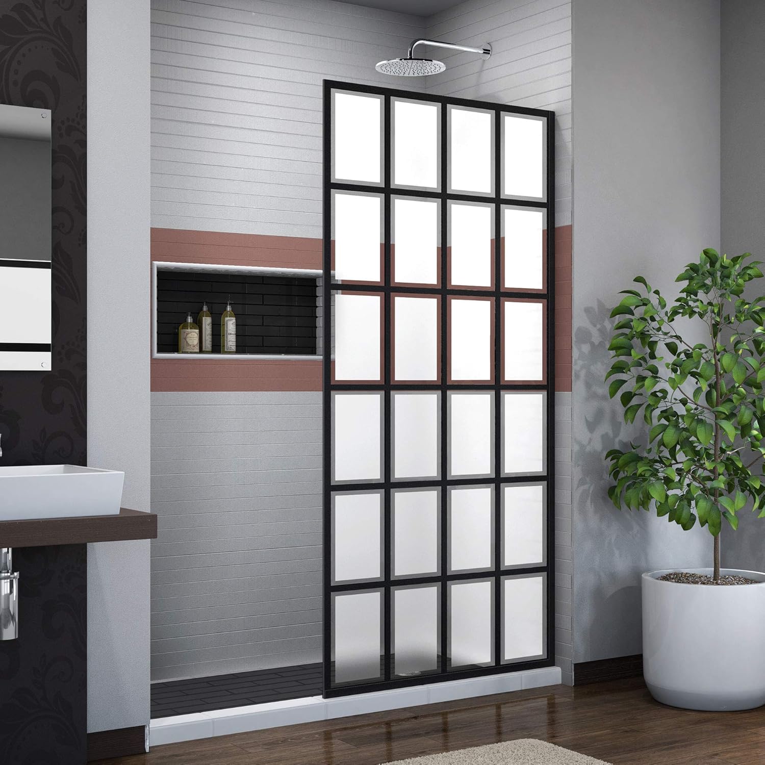 DreamLine French Linea Rhone 34 in. W x 72 in. H Single Panel Frameless Shower Door, Open Entry Design in Satin Black, SHDR-3234721-87