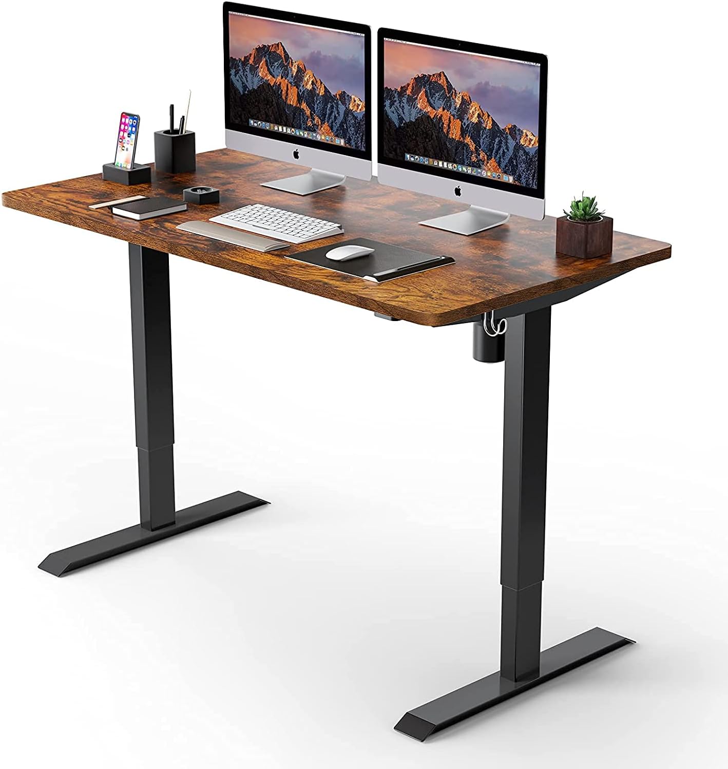 Electric Standing Desk, 48 x 24 inches Whole Piece Deskboard Adjustable Height Desk, Quick Assembly, Ultra Quiet Motor, Standing Desk Brown Top, Black Frame