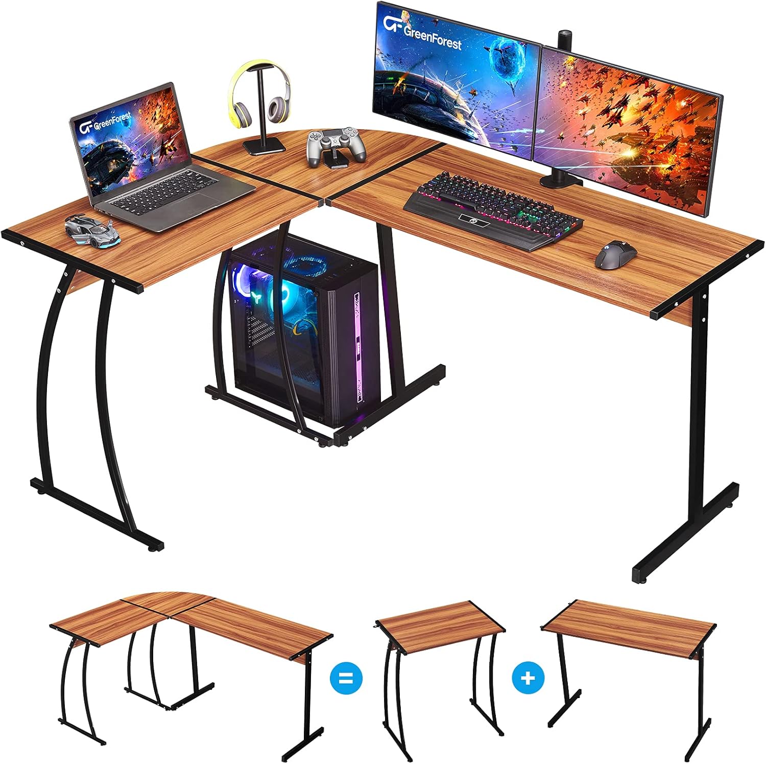 GreenForest L Shaped Gaming Computer Desk 58.1 inch, L-Shape Corner Gaming Table, Writing Studying PC Laptop Workstation for Home Office Bedroom, Bright Walnut Pack of 2