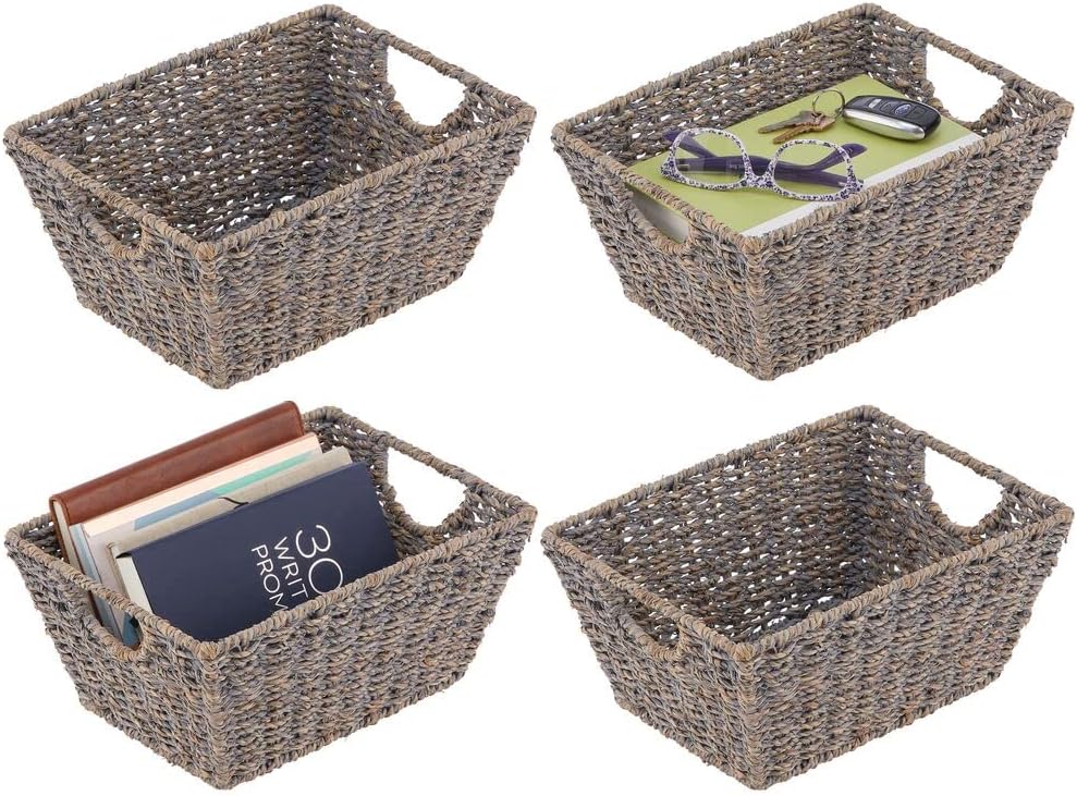 mDesign Natural Woven Seagrass Nesting Closet Storage Organizer Basket Bin for Kitchen Cabinets, Pantry, Bathroom, Laundry Room, Closets, Garage - 4 Pack - Dark Brown Pack of 2