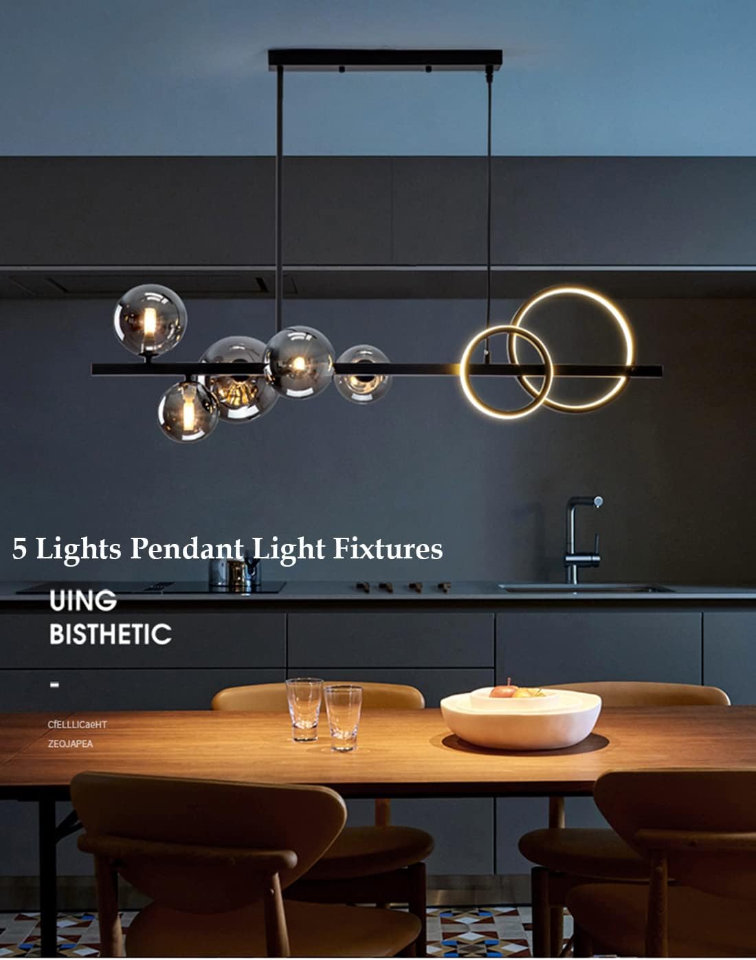 Bepuzz Black Chandelier Lighting 5 Lights Glass Globe Ceiling Pendant Light Fixtures with 2-Ring Circular LED 50W Cool White Light Nordic Linear Chandelier for Dining Room Bedroom Hallway (Smoke Gray)