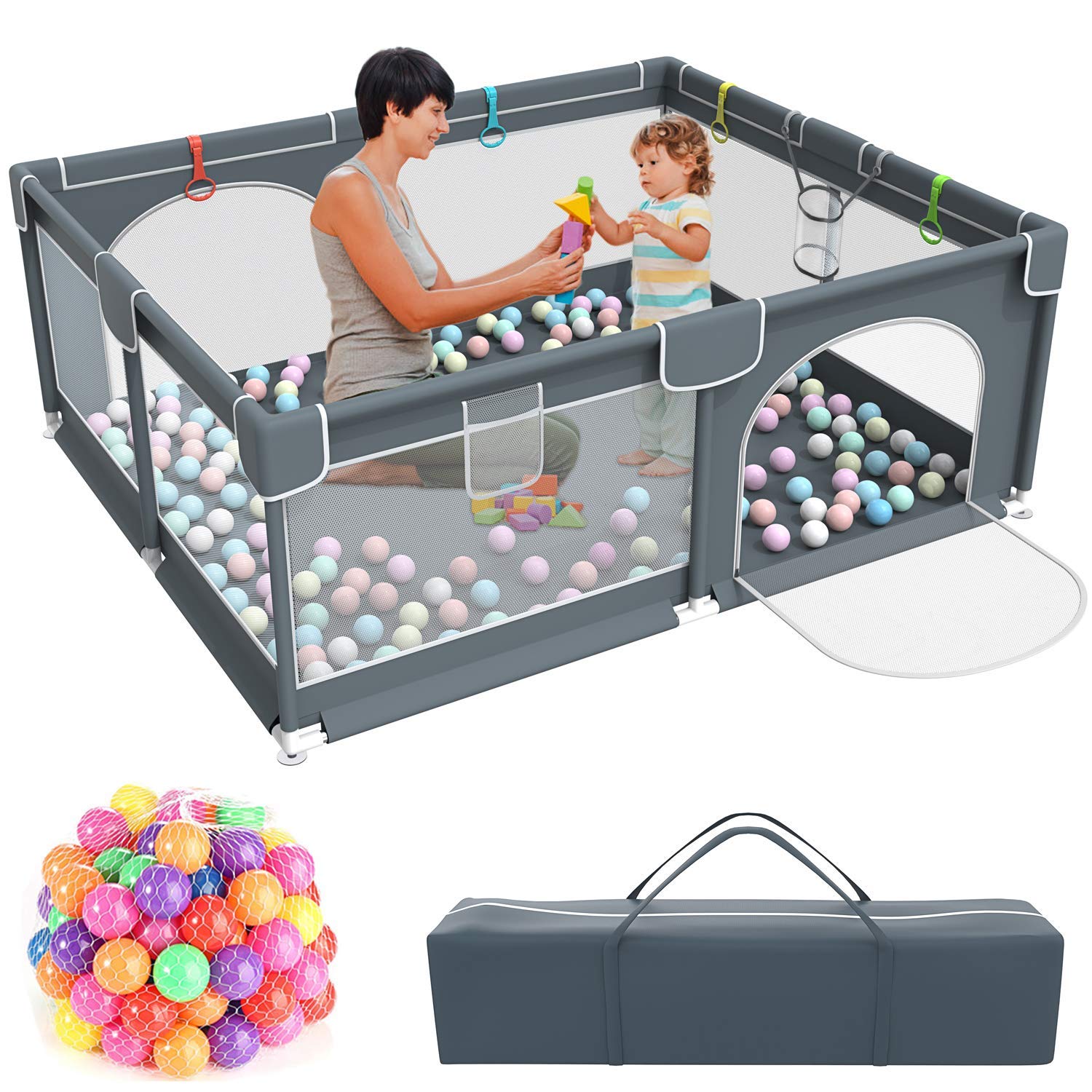 Baby Playpen,Kids Large Playard with 50PCS Pit Balls,Indoor & Outdoor Kids Activity Center,Infant Safety Gates with Breathable Mesh,Sturdy Play Yard for Toddler,Children's Fences Packable & Portable