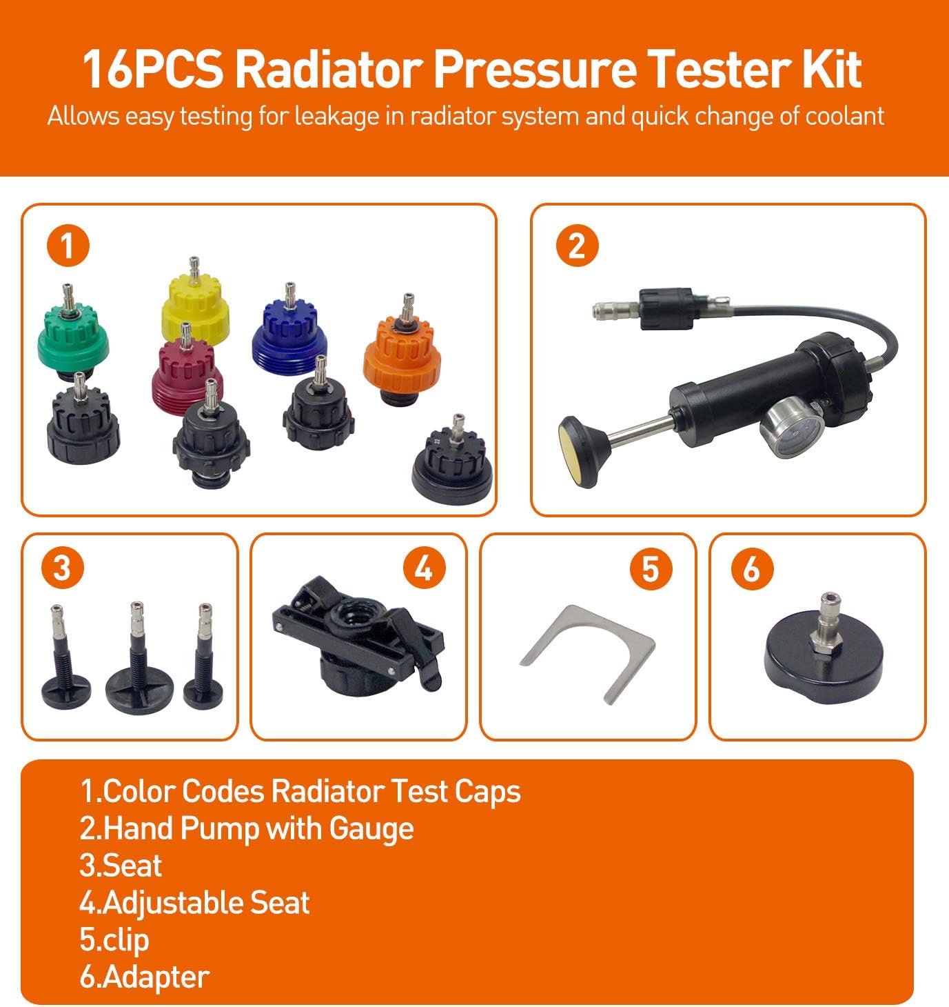 Aain&reg; TM15 Universal Radiator Pressure Tester Kit, Automotive Vacuum Cooling System Refill Kit, 16pcs, Made In Taiwan