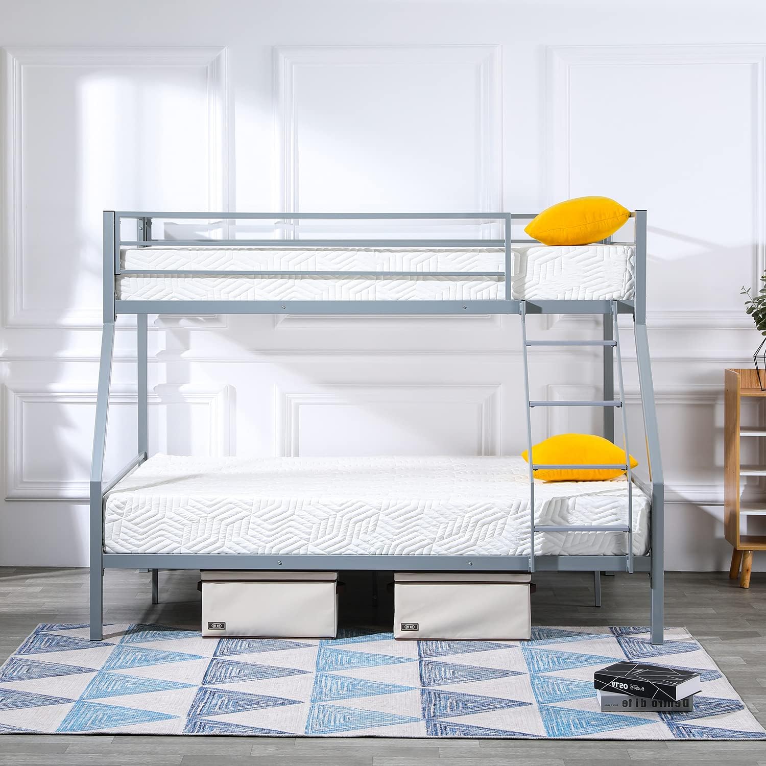 VINGLI Twin Over Full Bunk Bed with Flat Ladder Rungs, Metal Space Saving Bed for Adults/Kids/Teens, Black