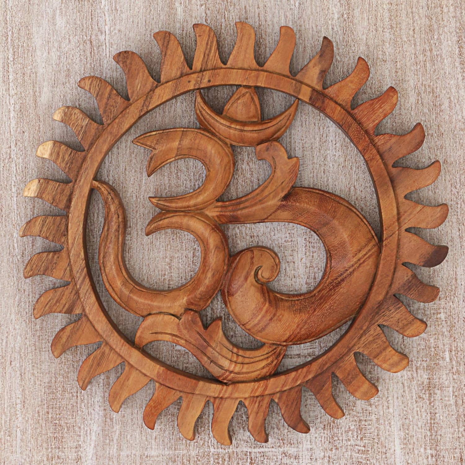 NOVICA Brown Hand Crafted Suar Wood Relief Panel, 'Sunny Om' Pack of 2