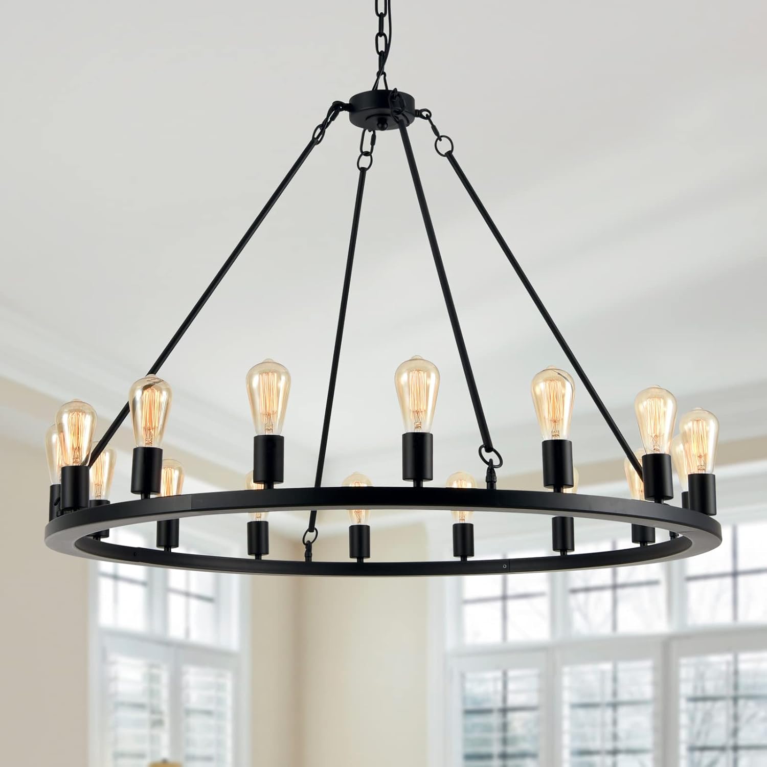 Black Wagon Wheel Chandelier, Large Round Farmhouse Rustic Light Fixture, 16 Lights Vintage Industrial Chandelier Lighting