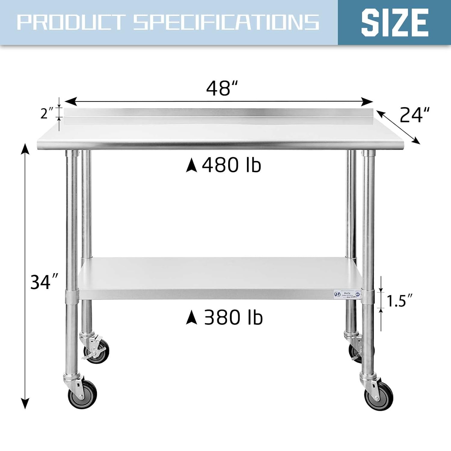 Hally Stainless Steel Table for Prep & Work 24 x 48 Inches with Caster Wheels, NSF Commercial Heavy Duty Table with Undershelf and Backsplash for Restaurant, Home and Hotel