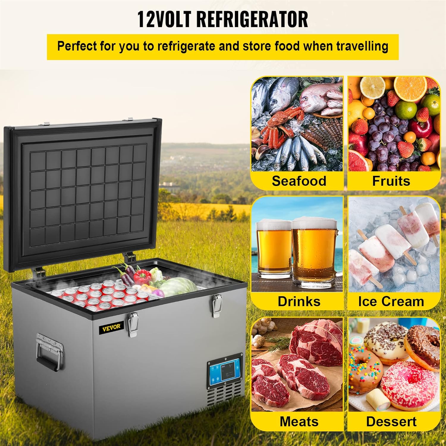 VEVOR 12 Volt Refrigerator 64 Quart, Metal Shell Car Refrigerator, Portable Refrigerator App Control,-4℉ to 68℉, RV Refrigerator with 12/24V DC and 120-240V AC for Camping and Home Use