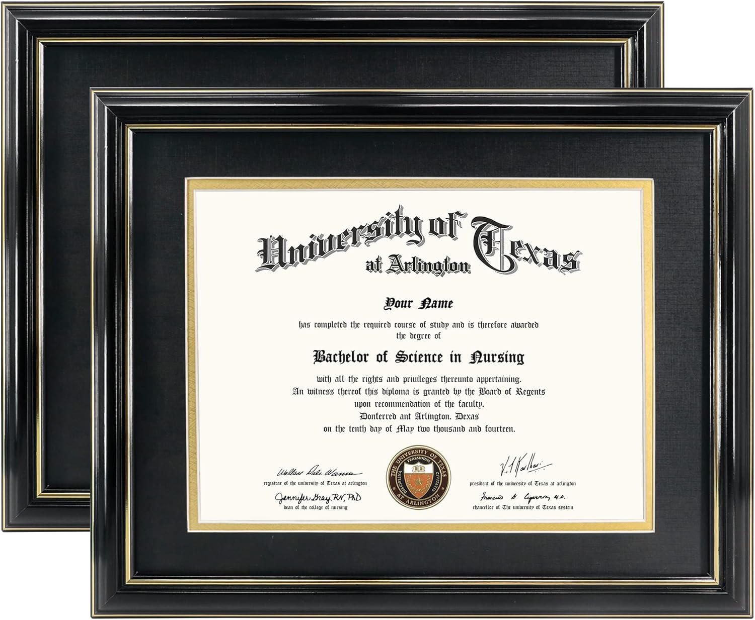 GraduationMall 14x20 Double Diploma Frame, Display 8.5x11 Document Certificate with Black Over Gold Mat, UV Protection Acrylic, Mahogany with Gold Beads Pack of 2
