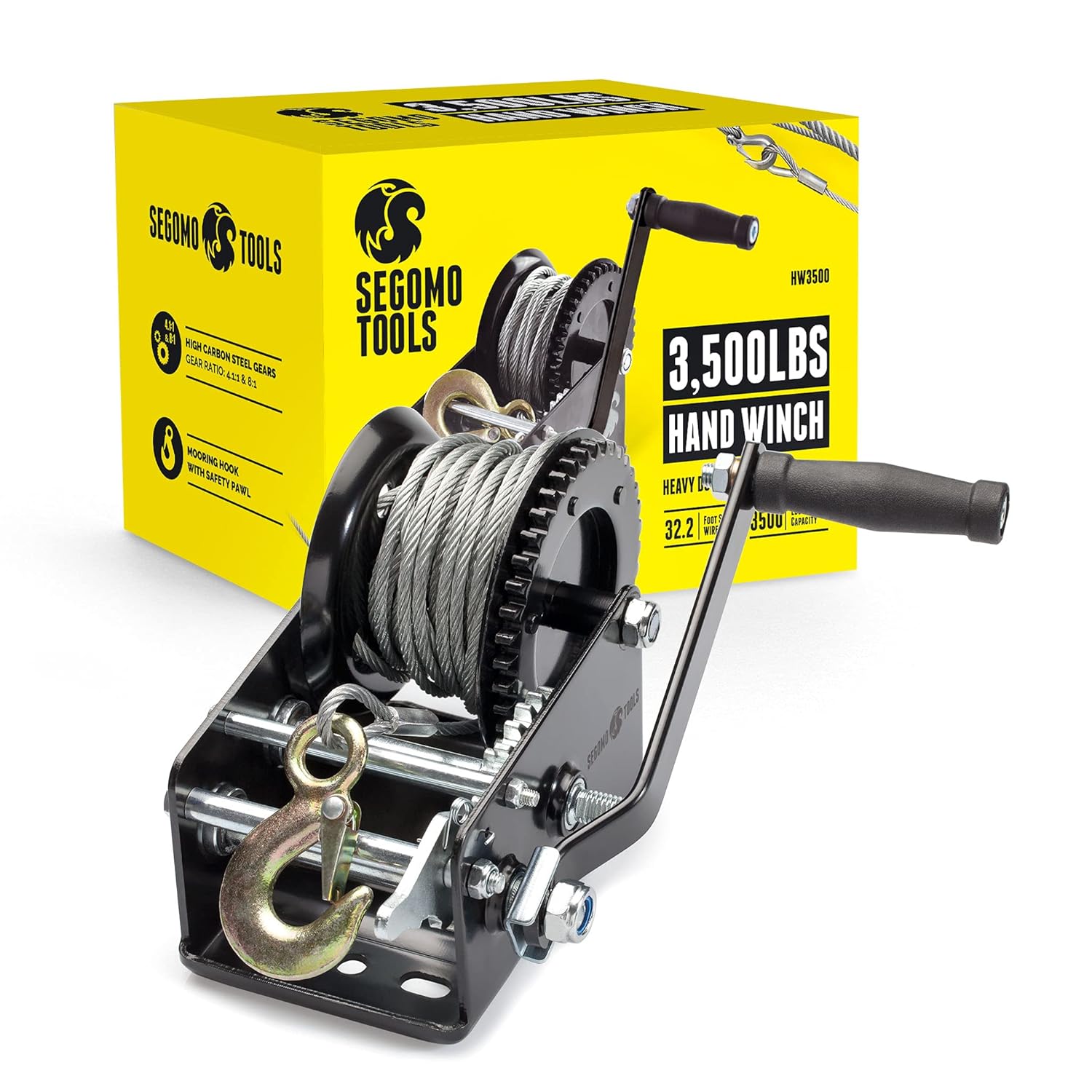 Segomo Tools Heavy Duty 3500 Pound Manual Two Way Ratchet 32.2 Ft Long Wire Hand Winch | Boat Winch | 2 Way Winch | Manual Winches | Hand Winch with Cable | Cable Winch | Small Hand Winch - HW3500 Pack of 2