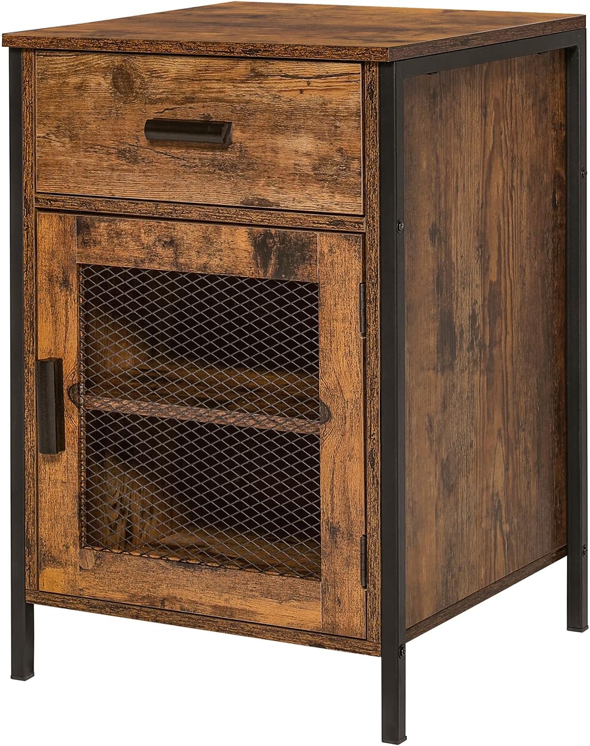 USIKEY End Table, Night Stand with Drawer and Mesh Door, Industrial Bedside Table with Storage Cabinet and Adjustable Shelf, Metal Frame, for Bedroom, Living Room, Guest Room, Rustic Brown Pack of 2
