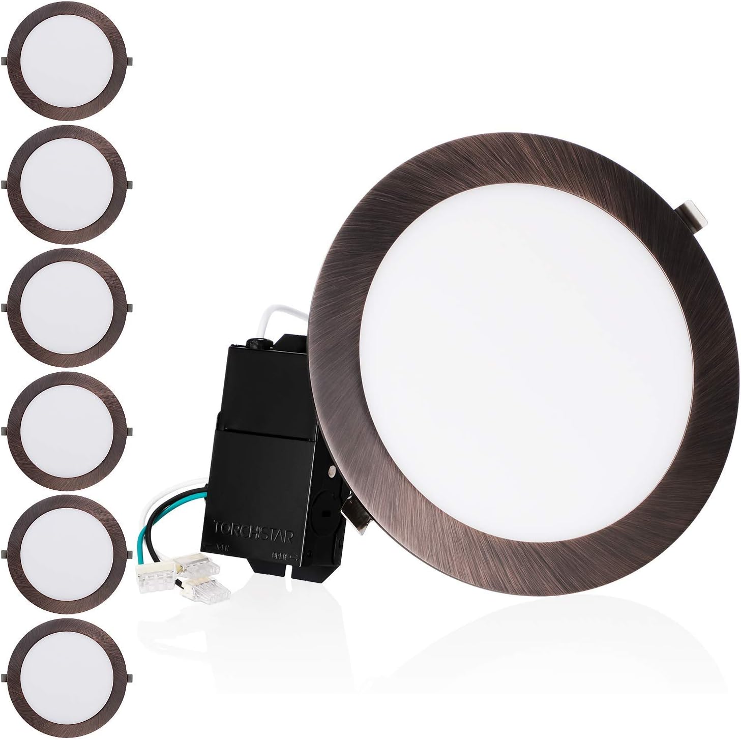 TORCHSTAR E-Lite Series 6 Inch Ultra Thin LED Recessed Lights with J-Box, Slim Panel Downlight, 13.5W CRI90+, 10%-100% Dimmable, Oil Rubbed Bronze, 3000K Warm White, ETL & Energy Star, Pack of 6