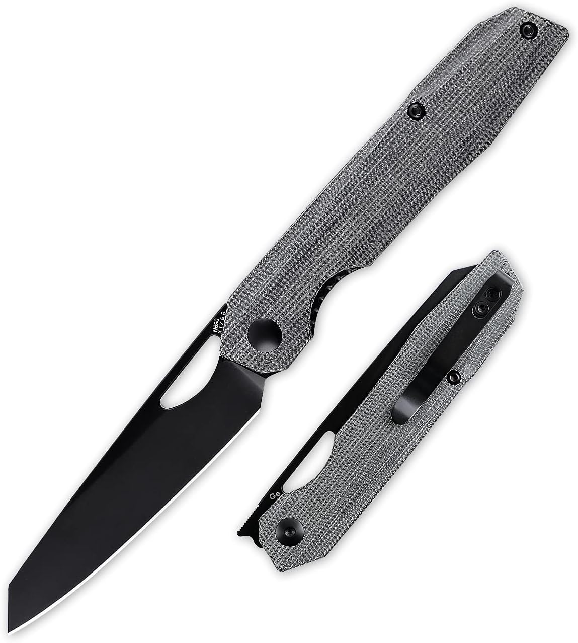 Kizer Genie EDC Knife, Black N690 Steel Reverse Tanto Blade, Black Micarta Folding Knife, V4545E1