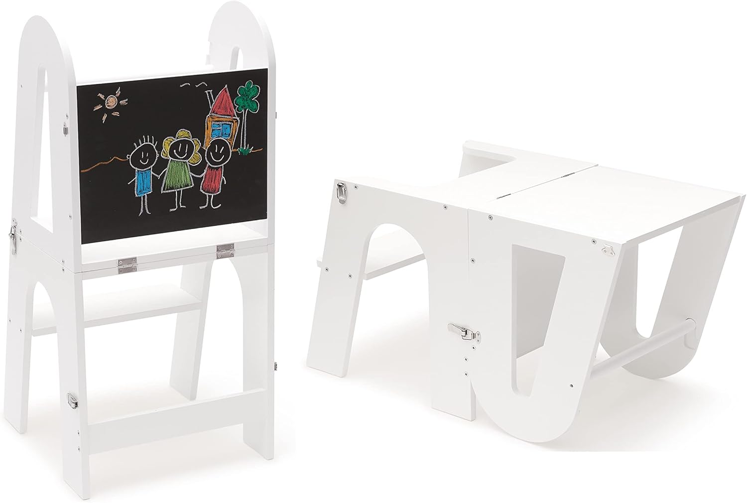 Kieno Kids Desk & Learning Stool for Toddlers - Foldable 3 in 1 Kitchen Helper Stool & Desk for Toddler with Black Board. Toddler Learning Tower (White)