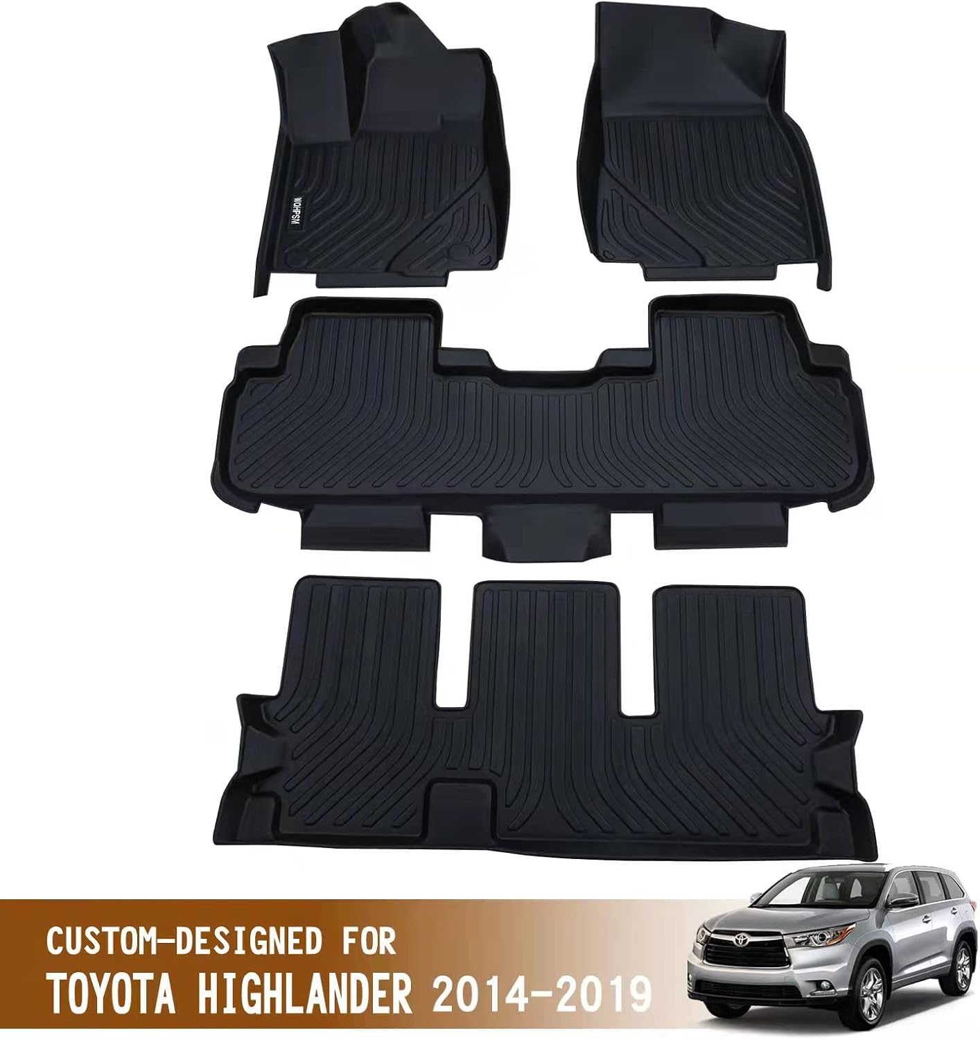 WQHPSM Car Floor Mats Custom Fit for 2014-2019 Toyota Highlander 7 Seats,All Weather Guard Floor Mats Floor Liners, TPE Automotive Floor Mats for SUV,3 Row Full Set Black