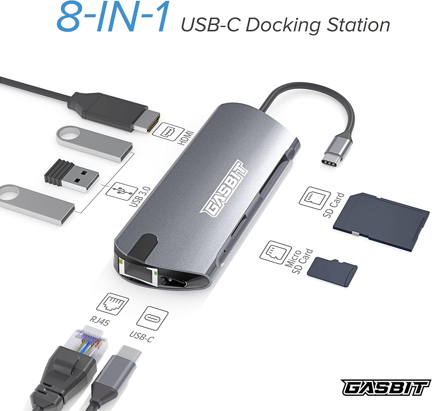 GASBIT 8-in-1 USB C Hub Multiport Adapter - USB C Power Adapter with USB-C Dongle to HDMI; SD Card Reader; MicroSD Card Reader; with 3 x USB 3.0 & Ethernet Connection Pack of 2