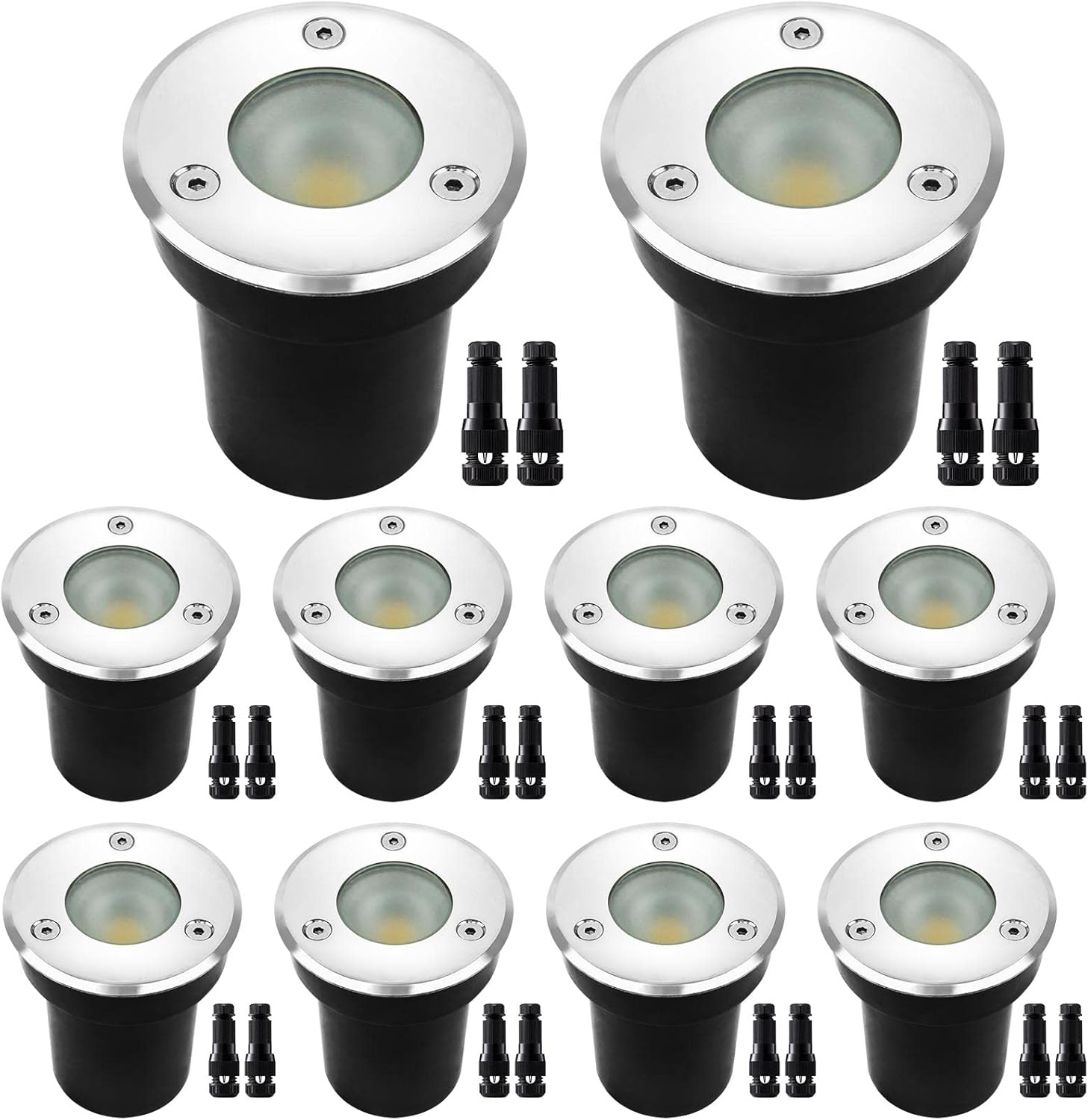 MEEDOO 5W Well Lights LED Low Voltage 12V Landscape Lighting Outdoor Flat Top In-Ground Lighting 3000K Warm White IP67 Waterproof for Lawn Pathway Yard Driveway Deck, Step(10Pack with Connectors)