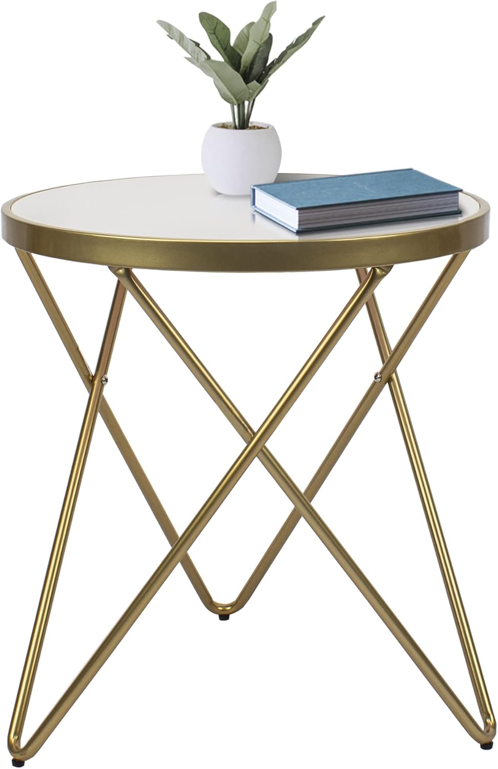 KithKasa Round End Table with White Tempered Glass Golden Legs and Metal Frame, Mid Century Modern Side Table for Small Space Living Room