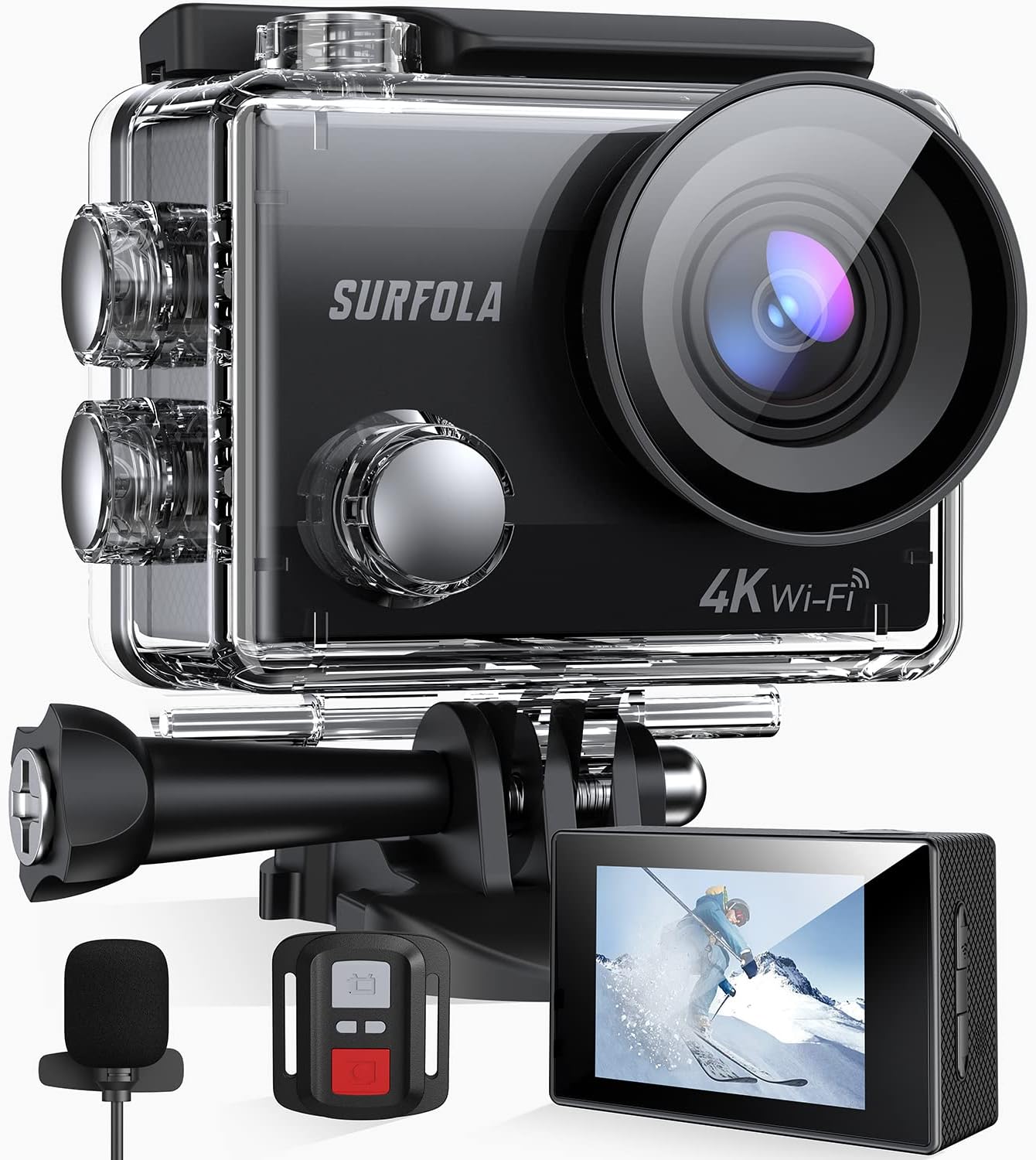 Action Camera, Surfola SF230 4K/30FPS 20MP WiFi, Anti-Shake Waterproof Camera Underwater 131ft, Remote Control External Microphone with 2 Batteries and Helmet Accessories Kit Pack of 2