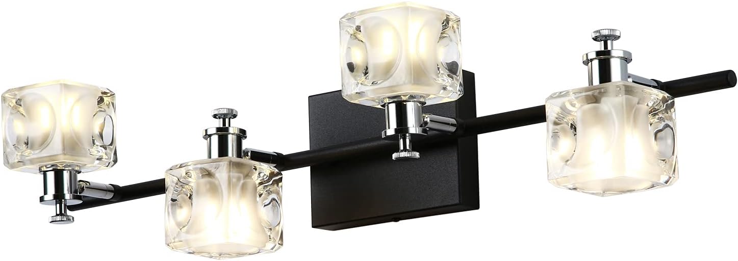 METEOOR Black Bathroom Light,4 Lights Bathroom Vanity Lighting Fixtures, LED 26 Inch Lighting Fixtures Crystal Glass Globe Chrome Bath Wall Lighting
