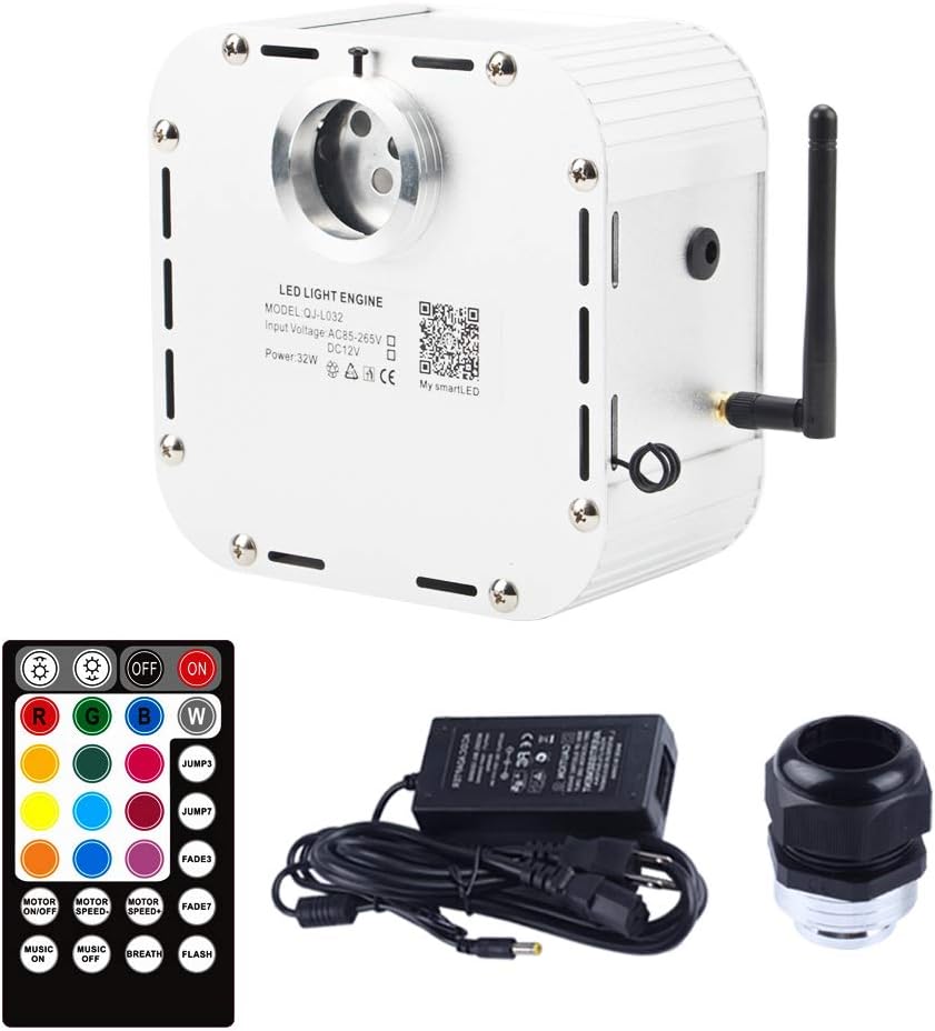 CHINLY Bluetooth 32W Twinkle Fiber Optic Light Engine, RGBW Light Driver APP + Remote Control for Car Room Star Ceiling with DC & AC Plug
