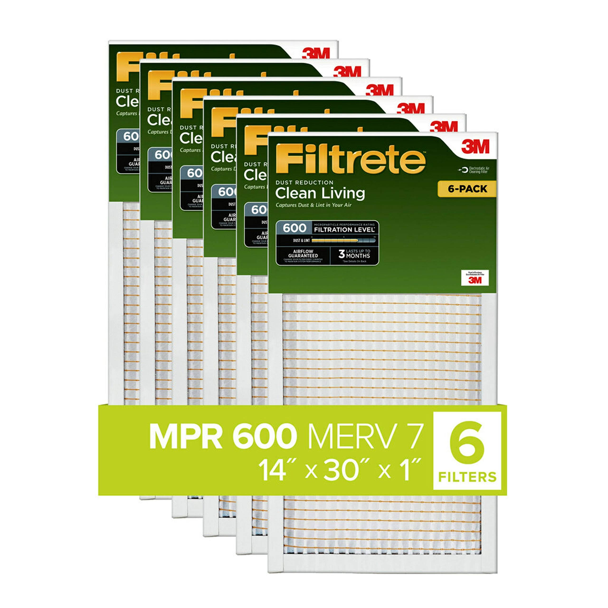 Filtrete 14x30x1, AC Furnace Air Filter, MPR 600, Clean Living Dust Reduction, 6-Pack