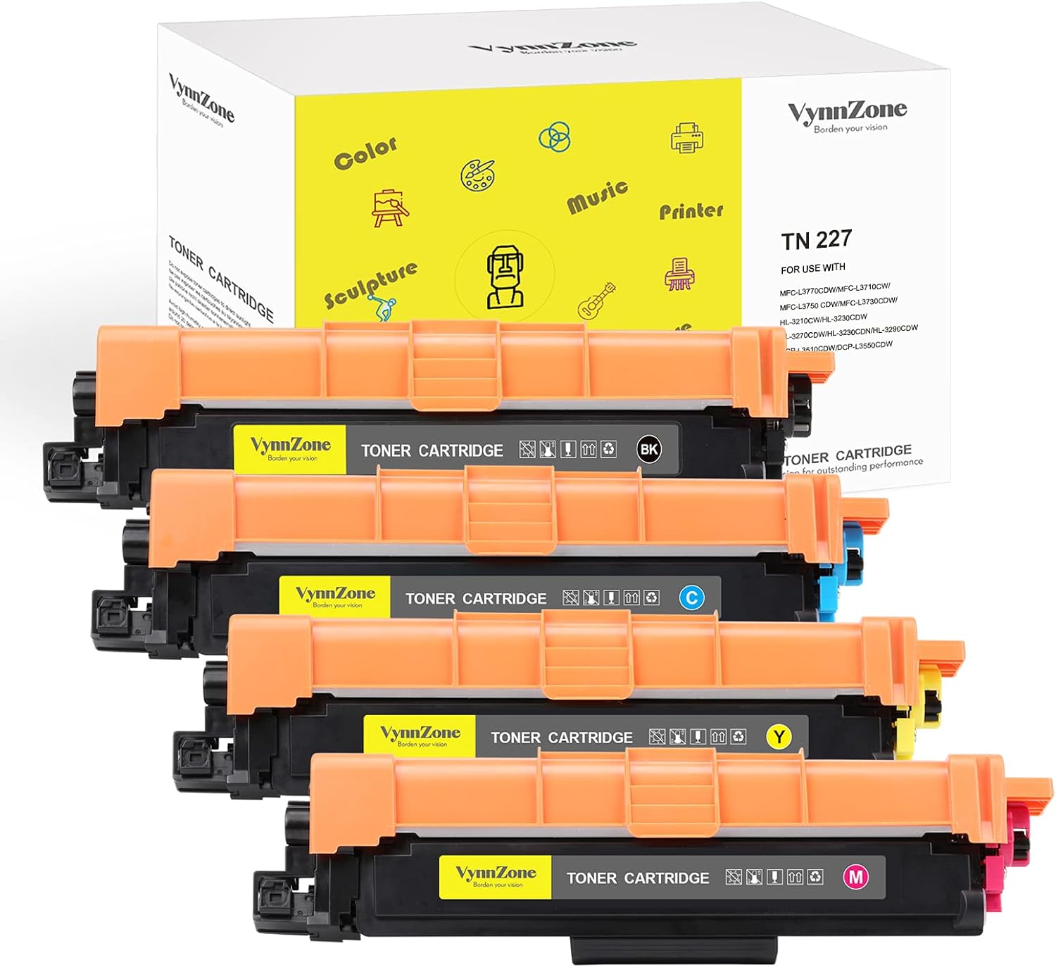 VynnZone TN227 Toner Cartridge Compatible for Brother Printer TN227BK Replacement MFC-L3750CDW HL-L3210CW HL-L3290CD HL-L3230CDW (Black, Cyan, Magenta, Yellow, 4 Pack) Pack of 2