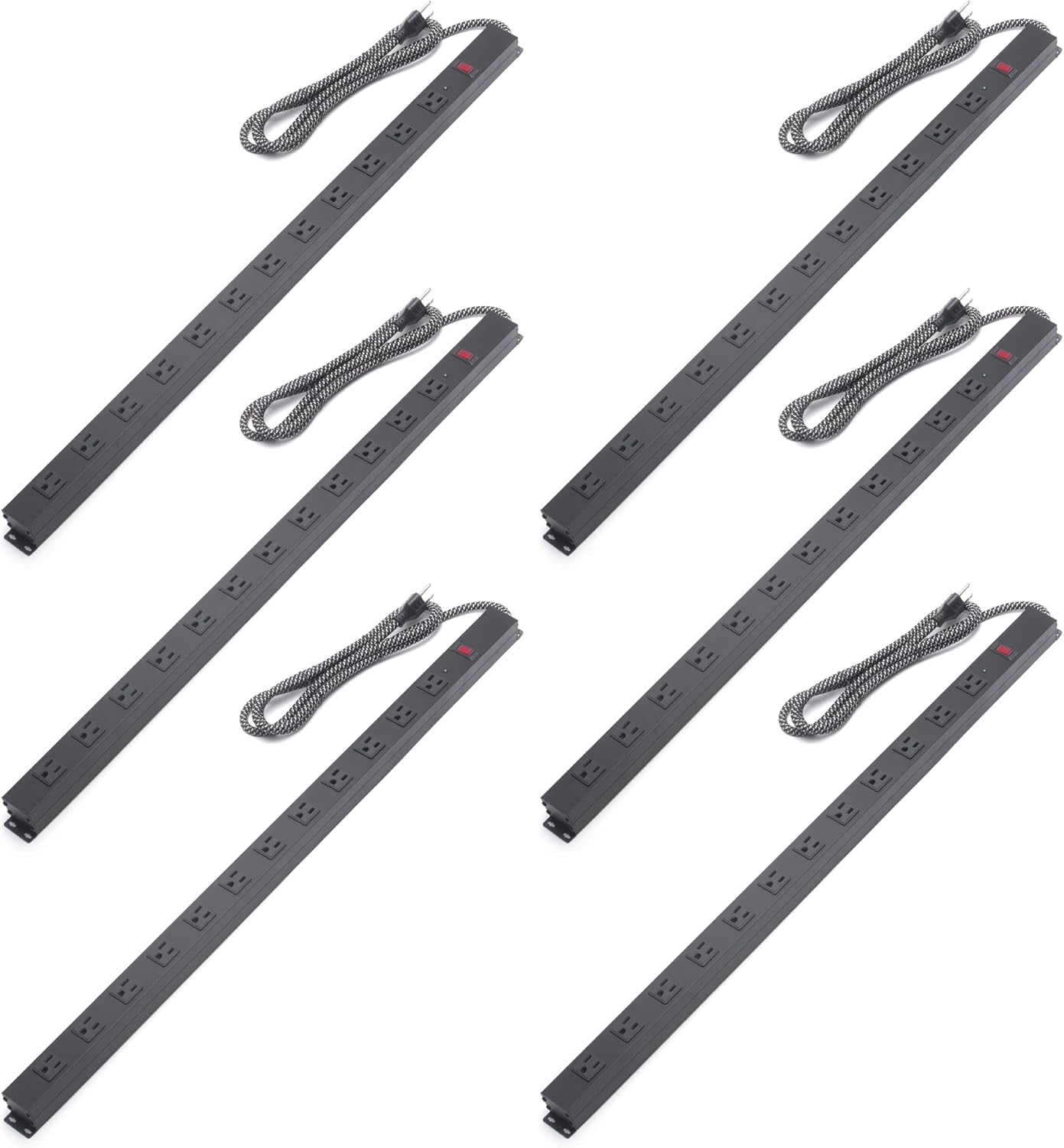 Metal Power Strip 6/10/12 Outlets Black Surge Protector Long Extension Cord Braided 6 FT with Switch (6 Outlets-6PACK)