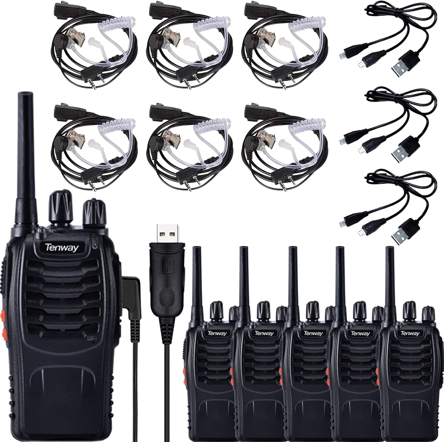 TW-888S Portable Two Way Radio 6Pack Long Range Rechargeable Walkie Talkies for Adult with Air Earpiece and Programming Cable and USB Fast Charging Cable Pack of 2