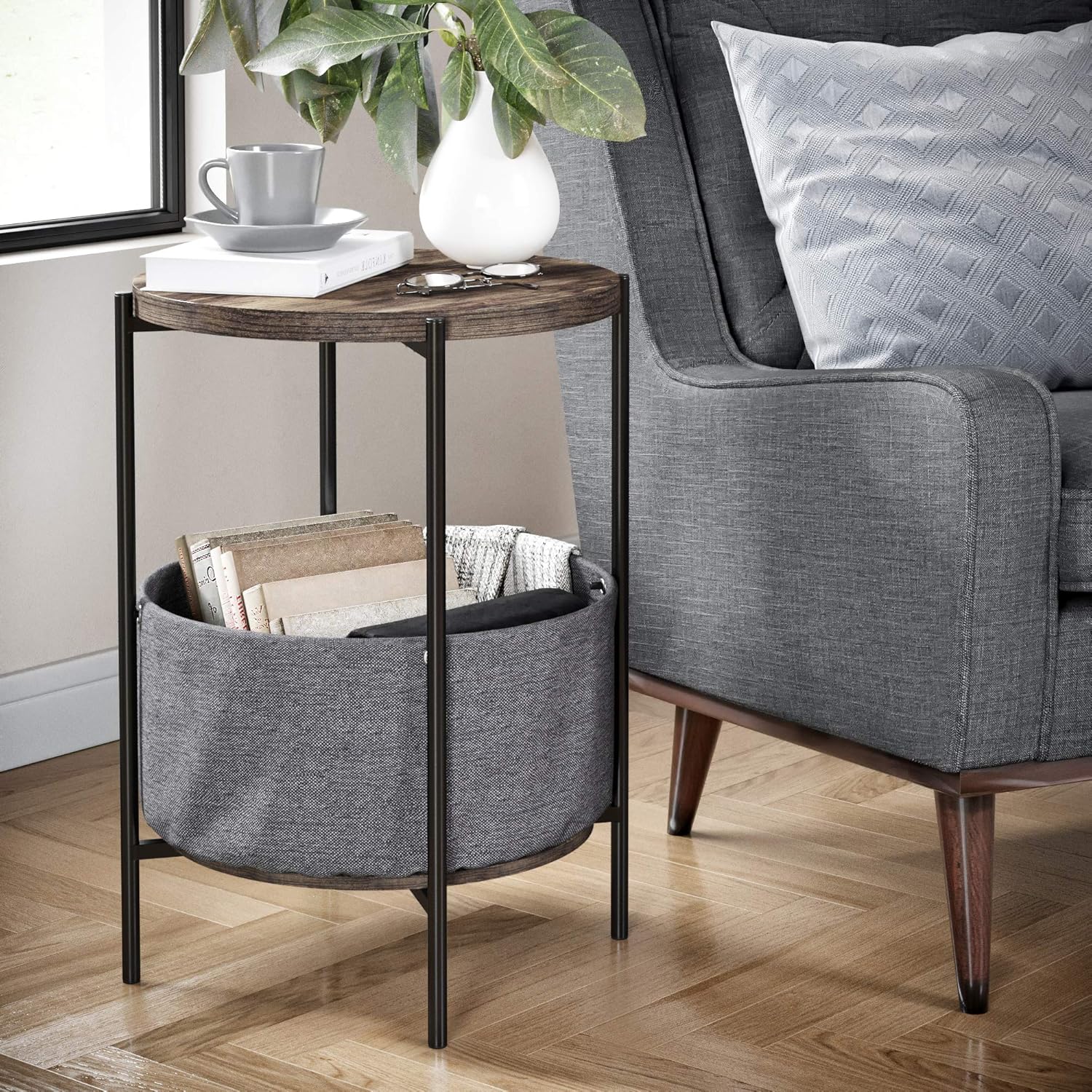 Nathan James Oraa Round Wood Nightstand, Bedside, End or Side Table with Storage, Metal Frame with Gray Fabric Basket, Nutmeg Brown/Black