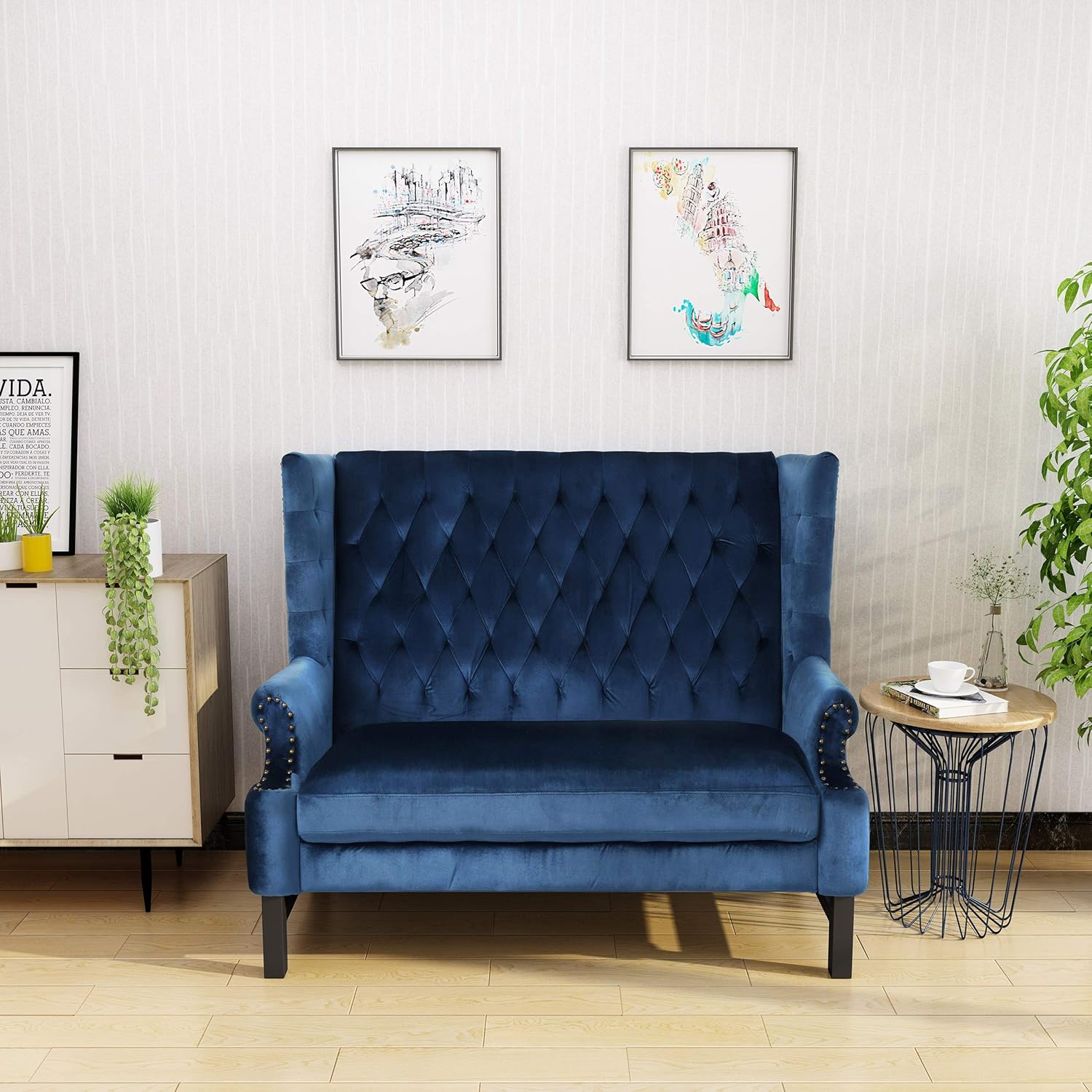 Christopher Knight Home 303834 Nolie High Back Tufted Winged Velvet Loveseat, Cobalt / Dark Brown