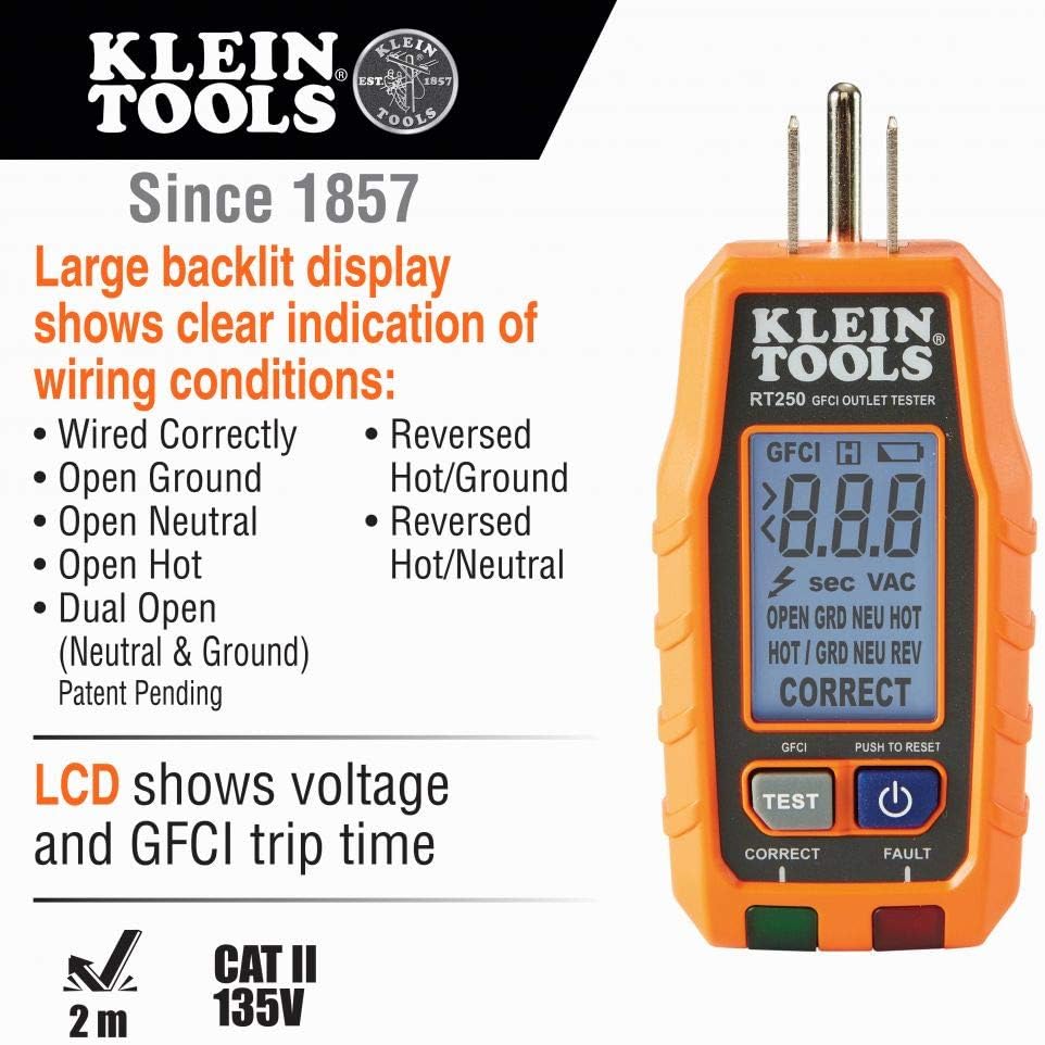 Klein Tools RT250KIT Non-Contact Voltage Tester and GFCI Receptacle Tester with LCD and Flashlight, Voltage Electrical Test Kit Pack of 2