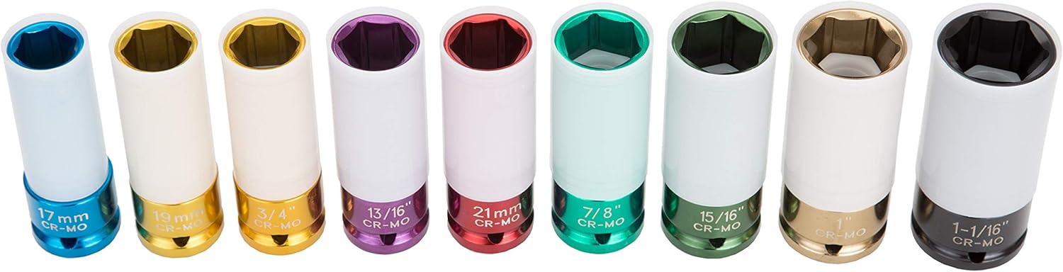 OEMTOOLS 24224 Wheel Protector Extra Thin Wall Impact Socket Set, 1/2 Drive, 9 Piece | Won&rsquo;t Scratch Wheels or Lug Nuts | Color Coded Sockets, Easy to Find | 6 SAE & 3 Metric Sockets | Carrying Case
