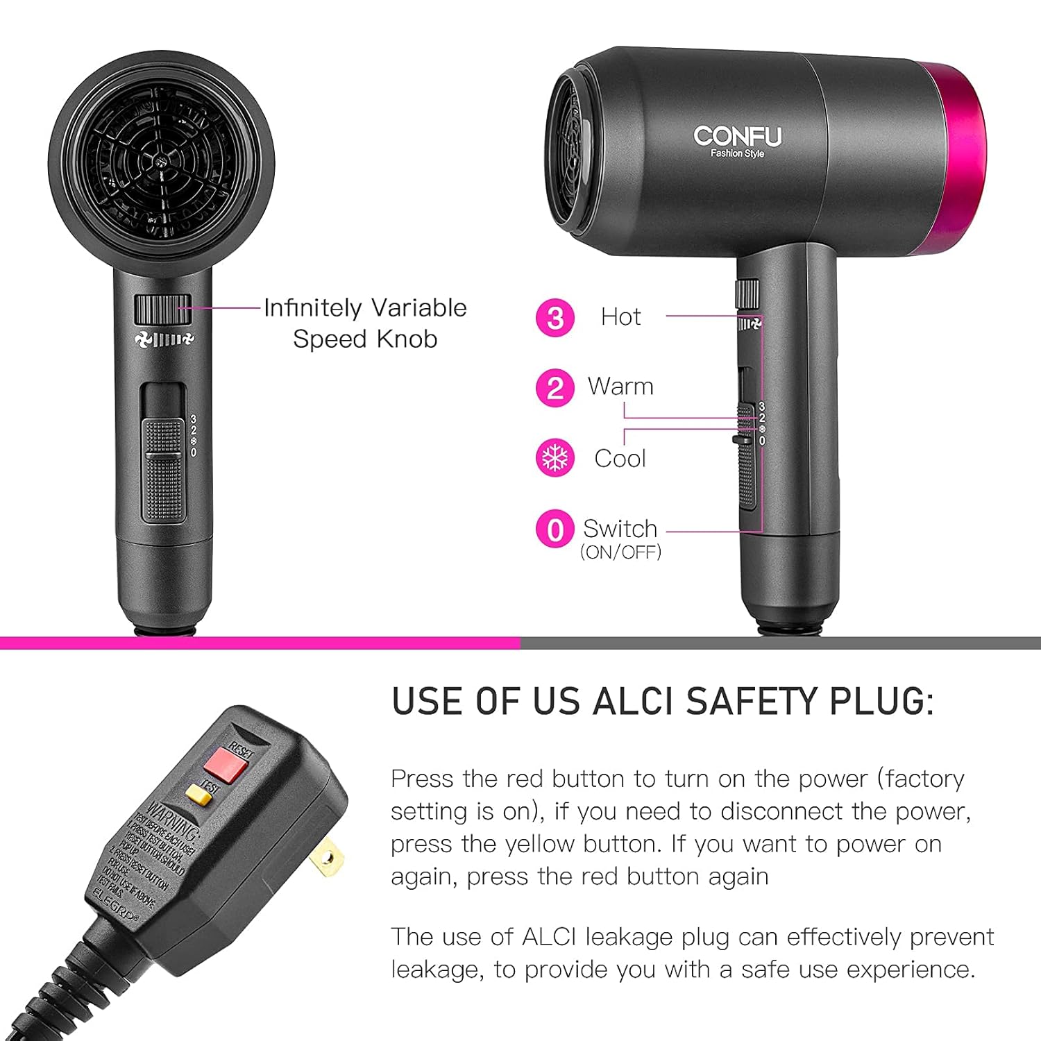 CONFU Hair Dryer, 1800W Hair Dryer, Hair Dryer with Diffuser, Blow Dryer for Home, 3 Heat Settings, Adjusting Airspeed, Powerful Lightweight Negative Ionic Hair Blow Dryer Pack of 2