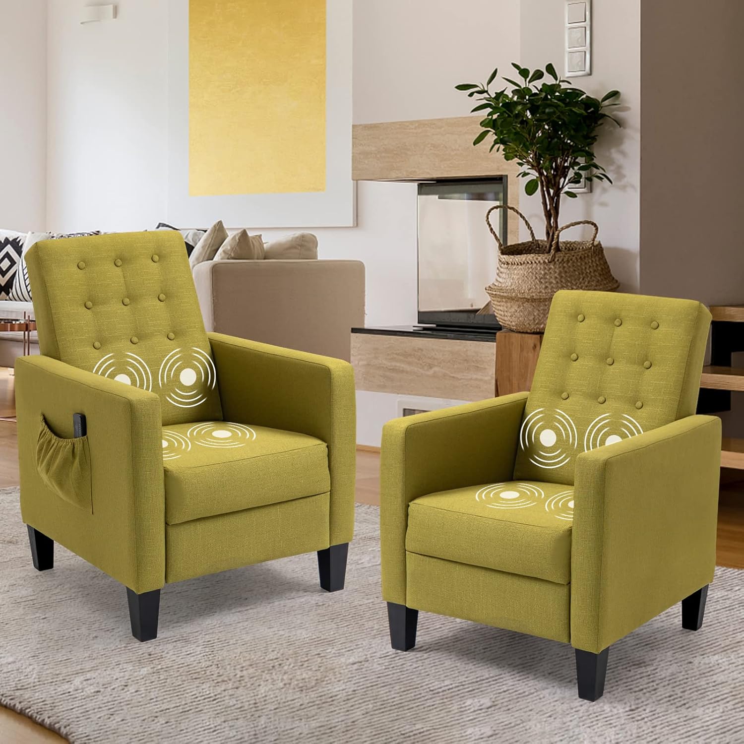 HOMHUM Massage Mid-Century Modern Recliner, Small Fabric Push Back Chair Set of 2, Accent Single Sofas w/Two Side Pockets and Remote Control for Living Room, Bedroom and Office, Yellow