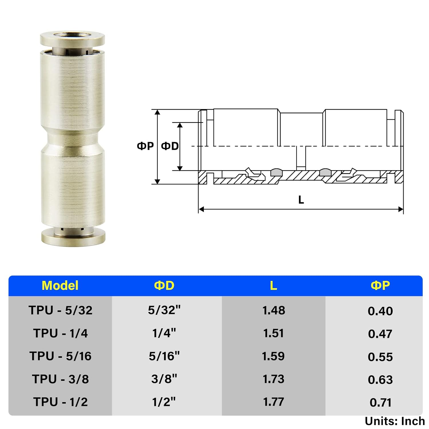 TAILONZ PNEUMATIC 5/32 Inch OD Copper Nickel Plating Straight Union Connect air Fittings Quick Connect Push Lock Fittings Pneumatic Fittings Tube connectors PU-5/32 (Pack of 10)